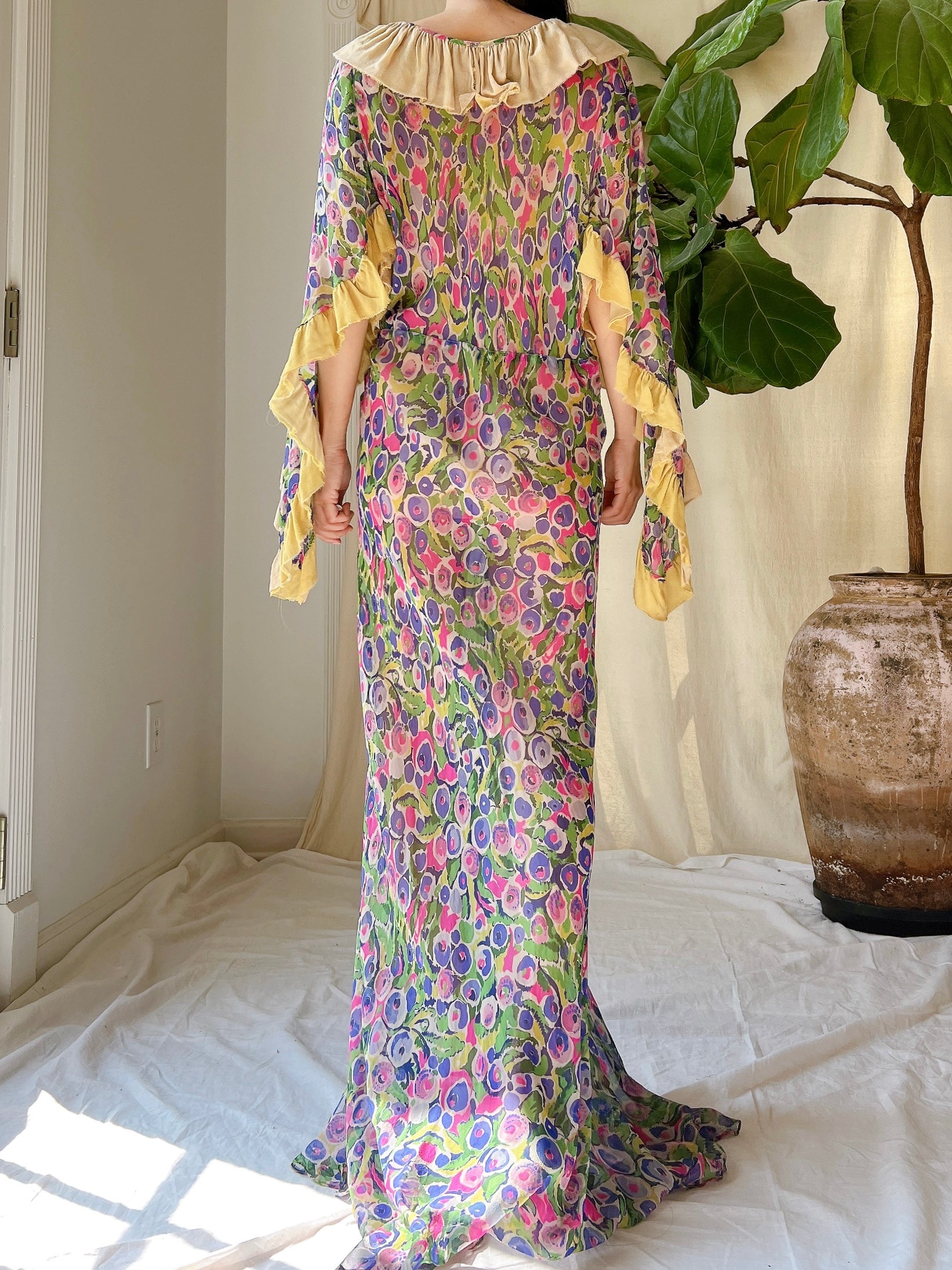 Rare 1930s Silk Chiffon Cape Sleeves Gown - S/M
