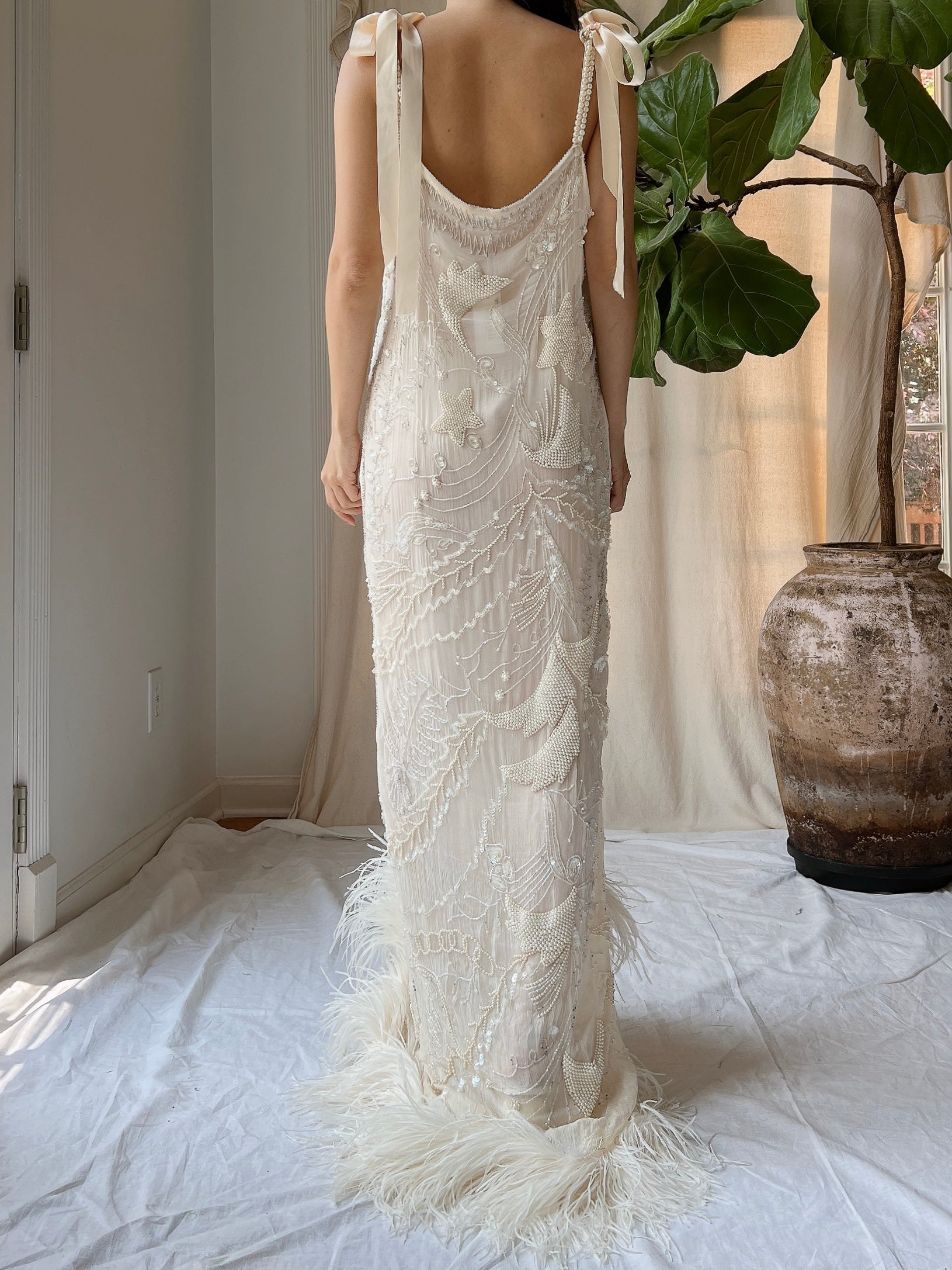 Vintage Silk Pearl Beaded Gown - M/L