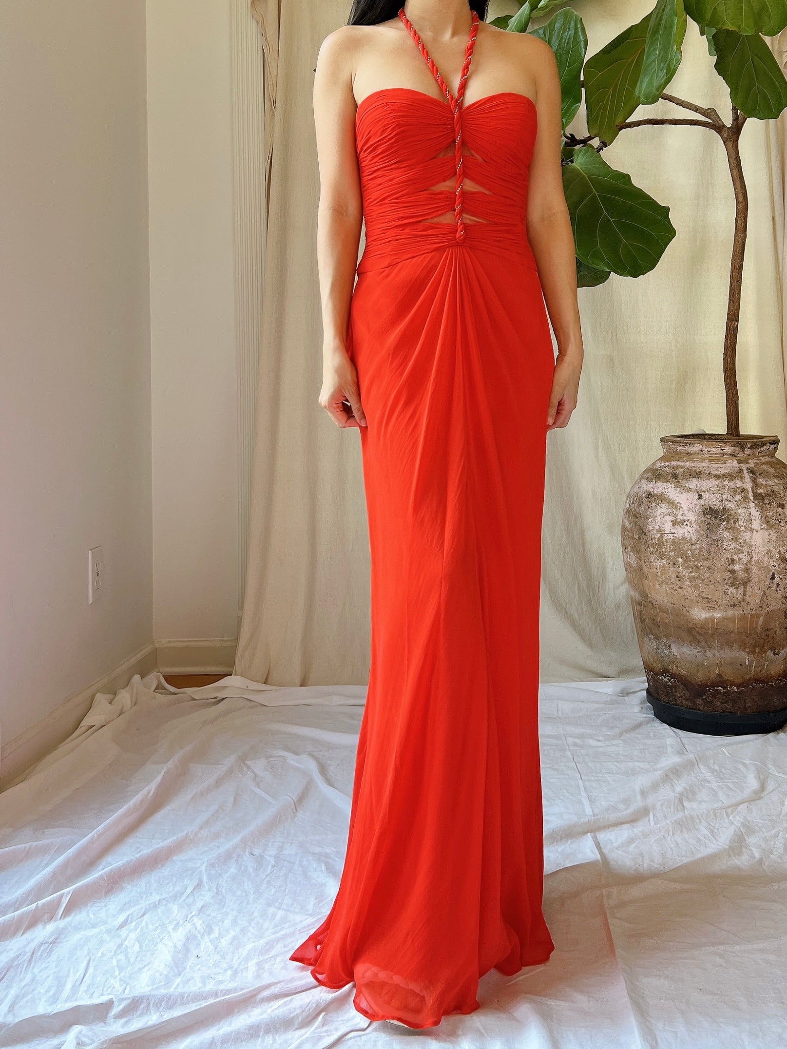 Vintage Silk Coral Cutout Bodice Gown - XS