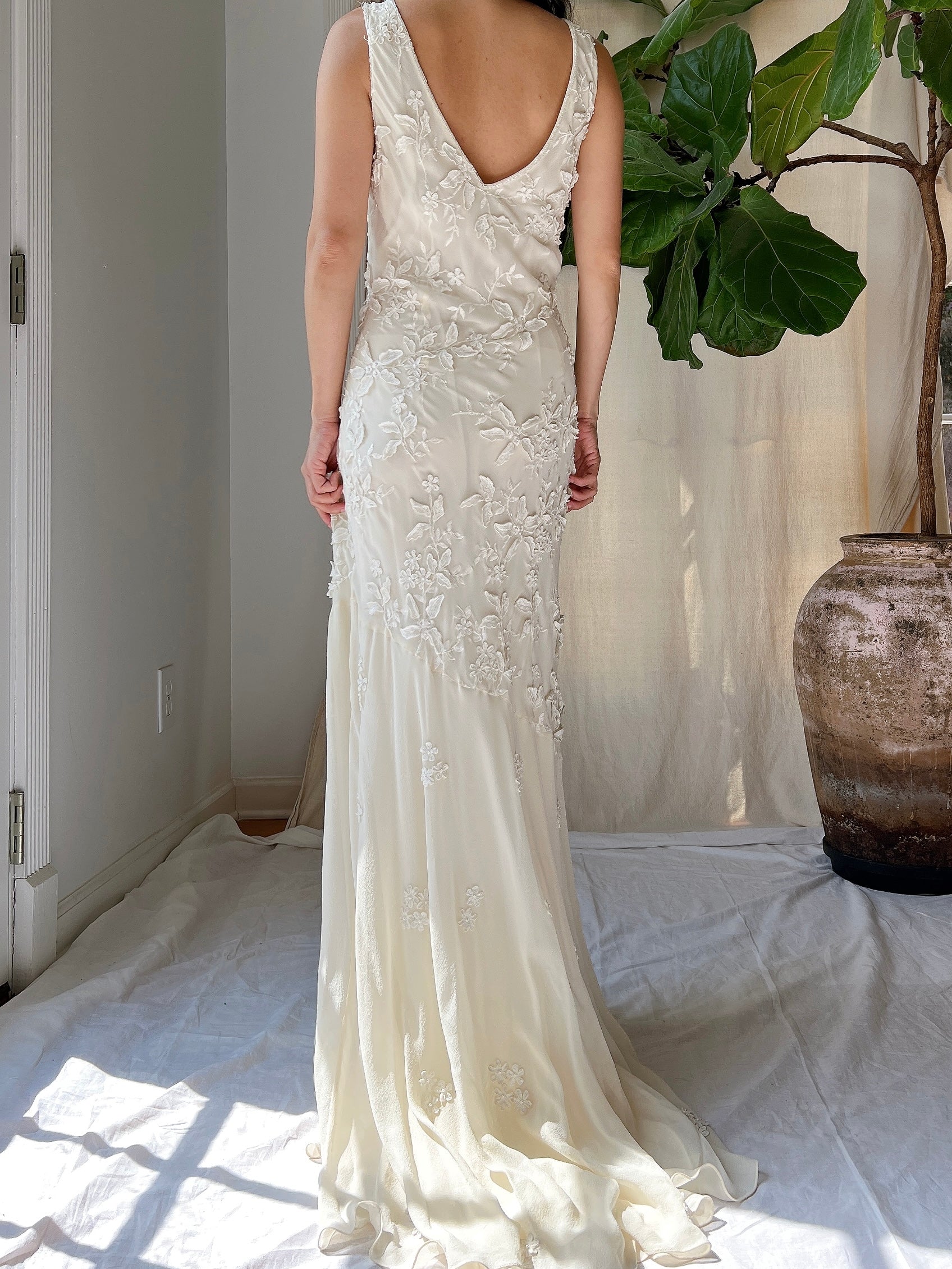 Vintage Silk Chiffon Floral Applique Gown - M