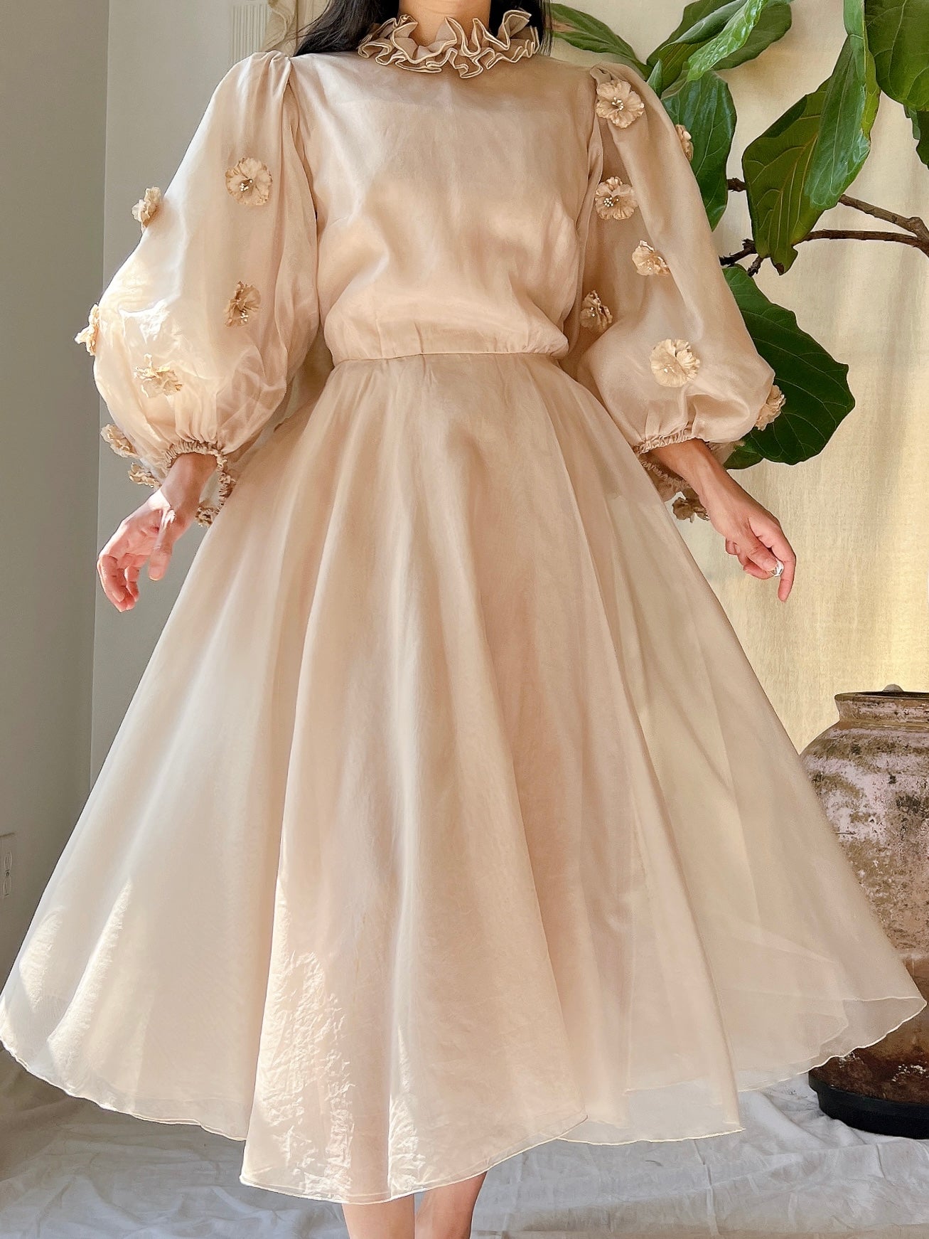 Rare 1960s Silk Organza Balloon Sleeves Dress - S/M