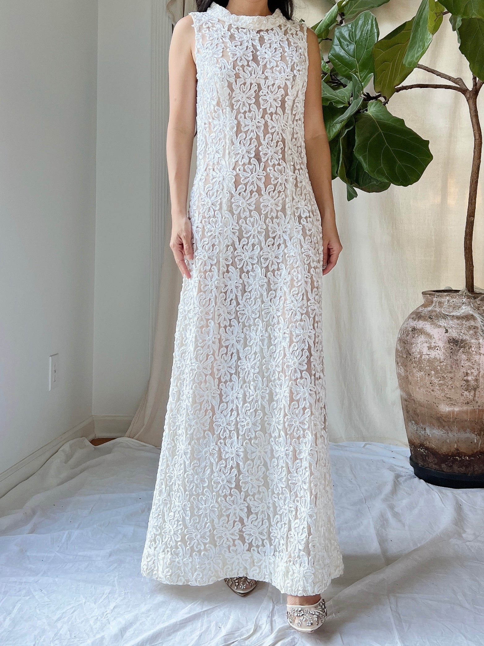 1960s Sheer Soutache Floral Dress - M
