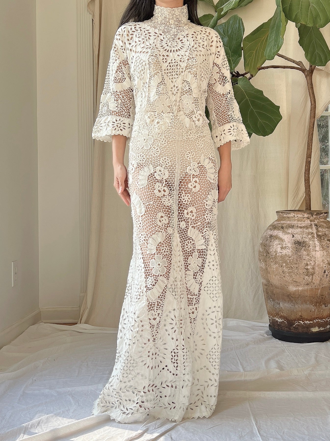 Antique Irish Crochet & Linen Embroidered Gown - M/L