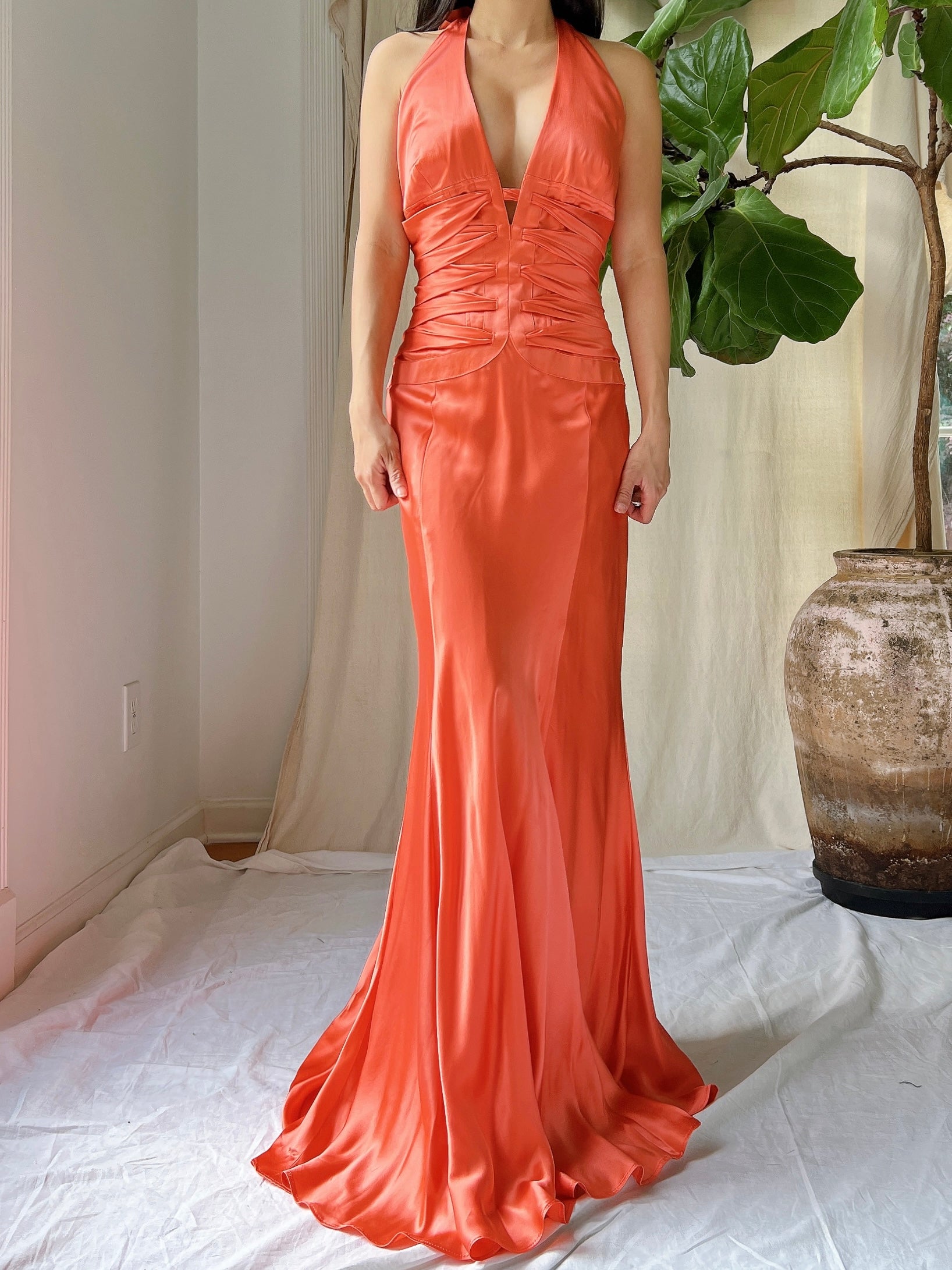 Vintage Silk Coral Plunge Gown - M