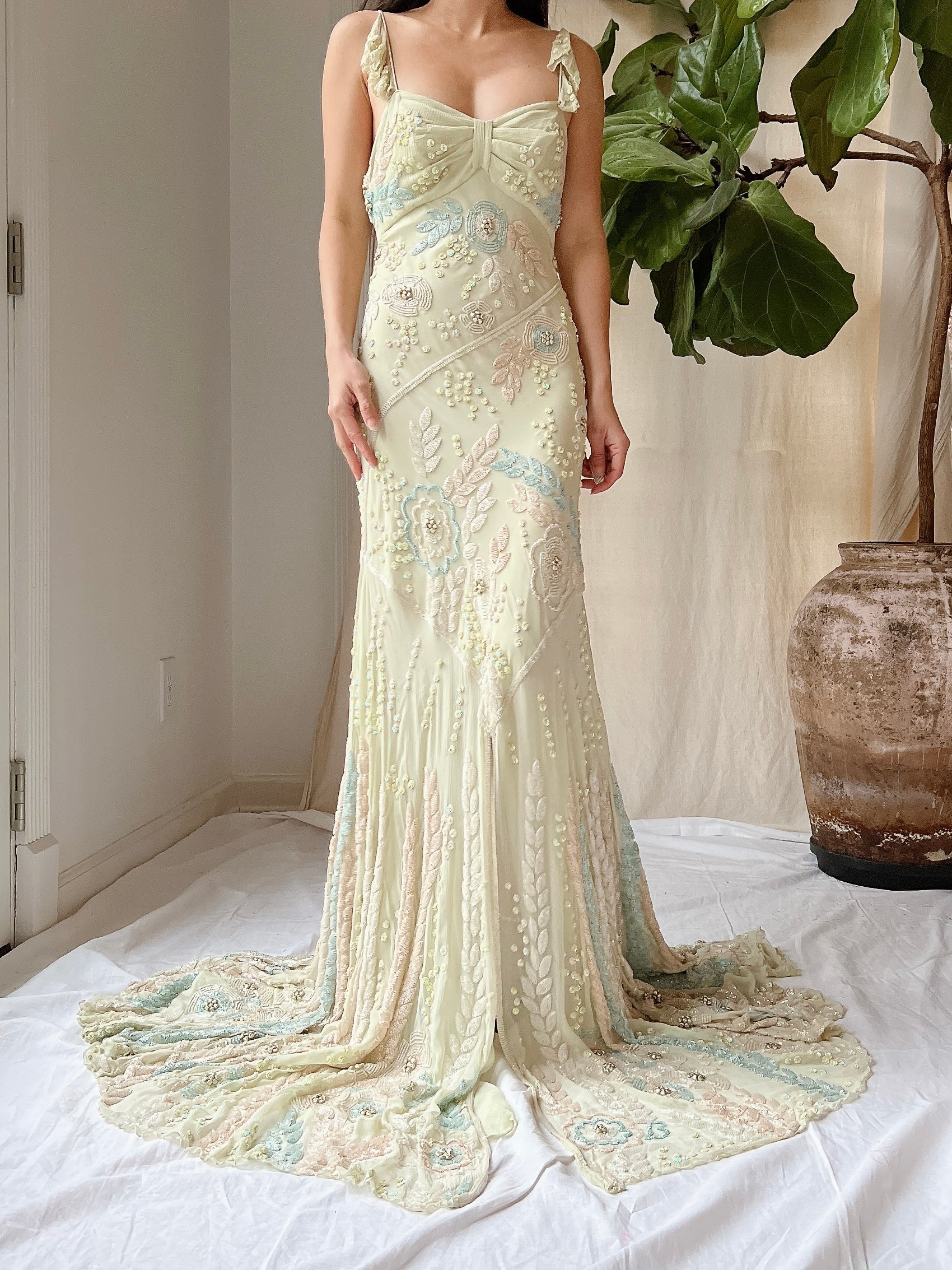 Vintage Couture Eavis and Brown Silk Handbeaded Gown - M/L
