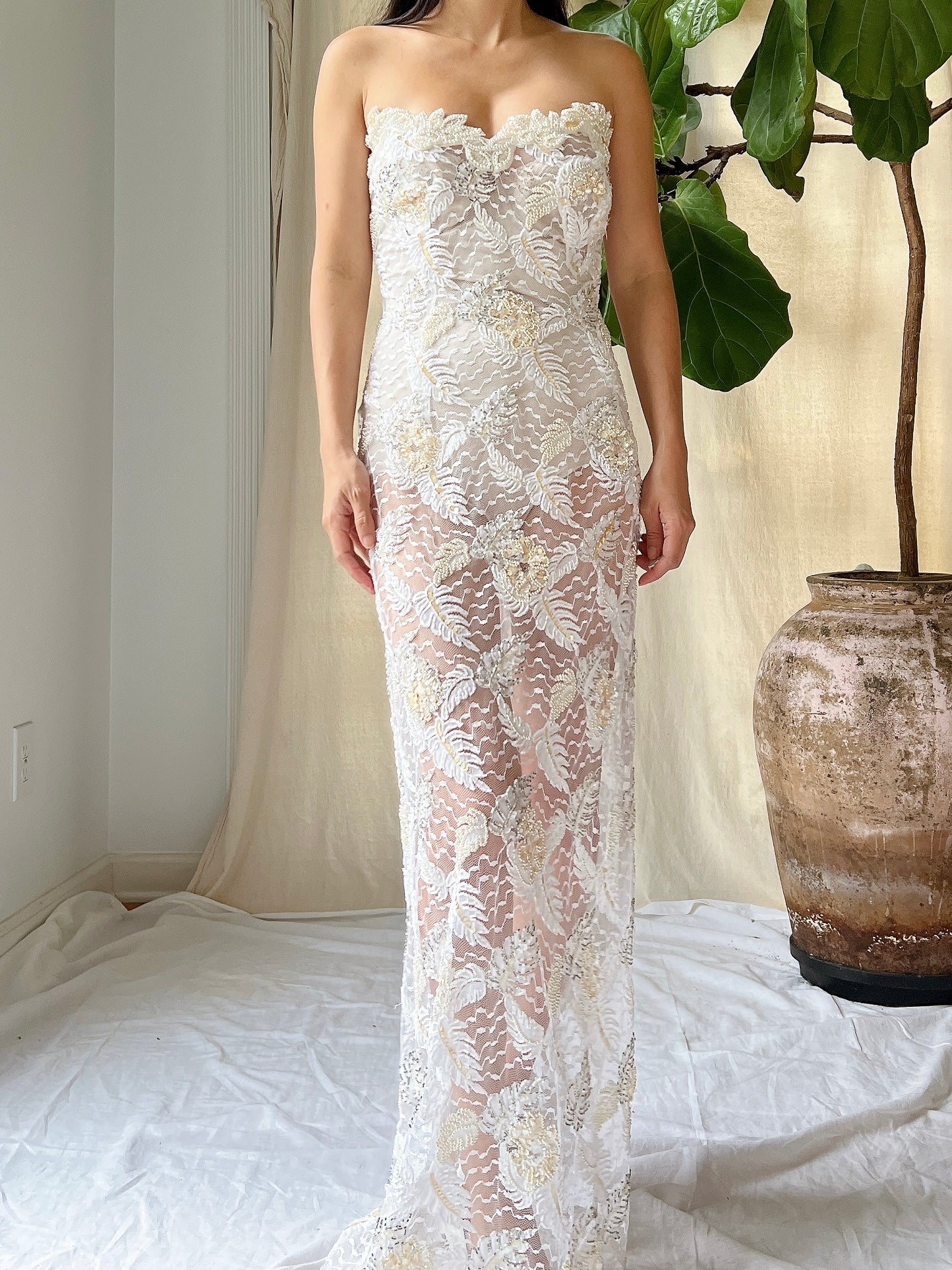 Vintage Strapless Beaded Lace Gown - M