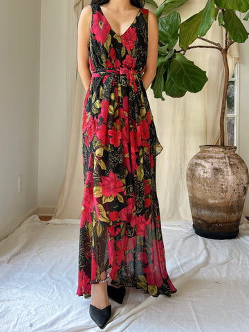 1980s Silk Chiffon Floral Dress - M