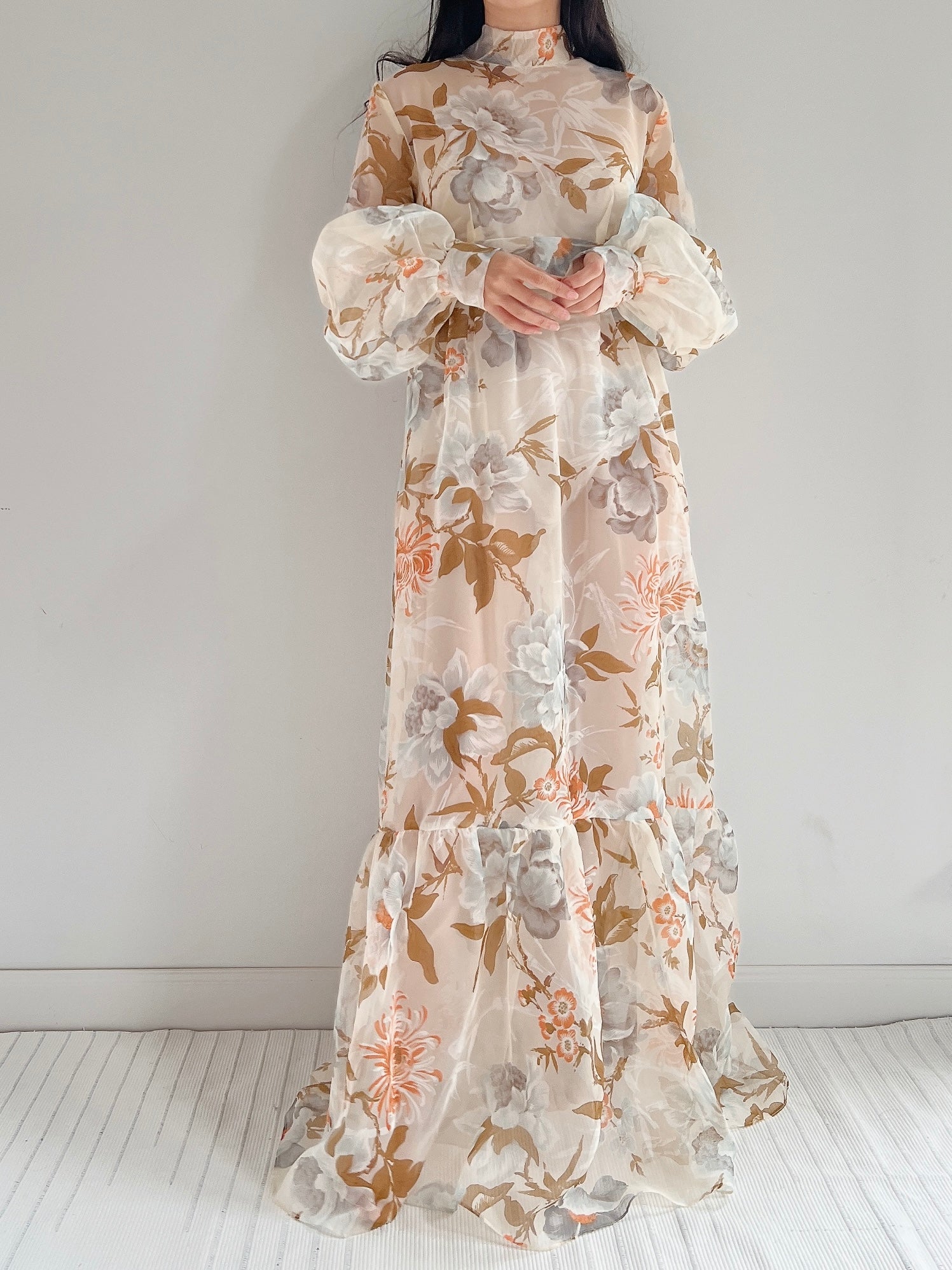Vintage Sheer Voile Floral Gown - L