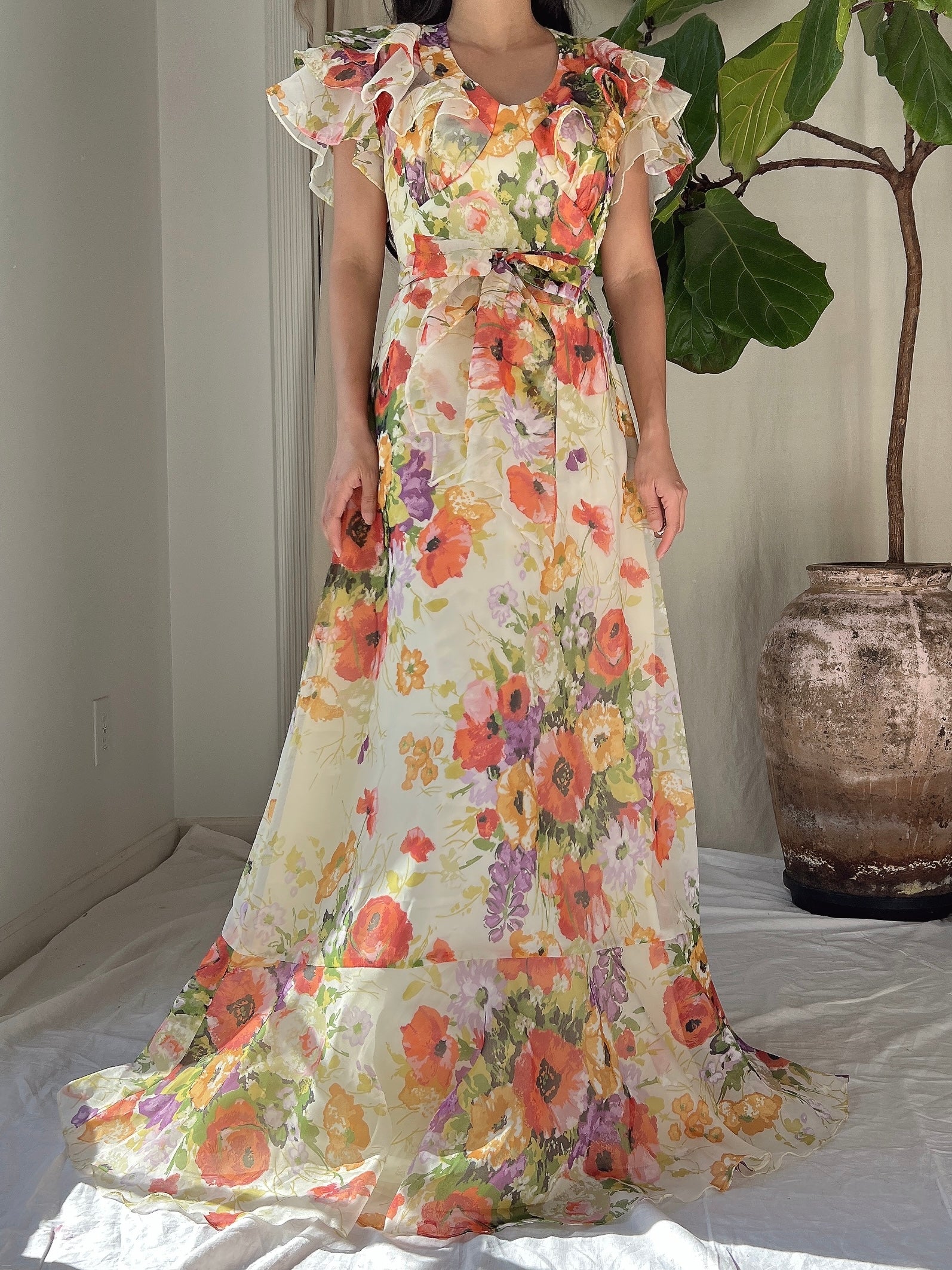 Vintage Floral Voile Dress - S