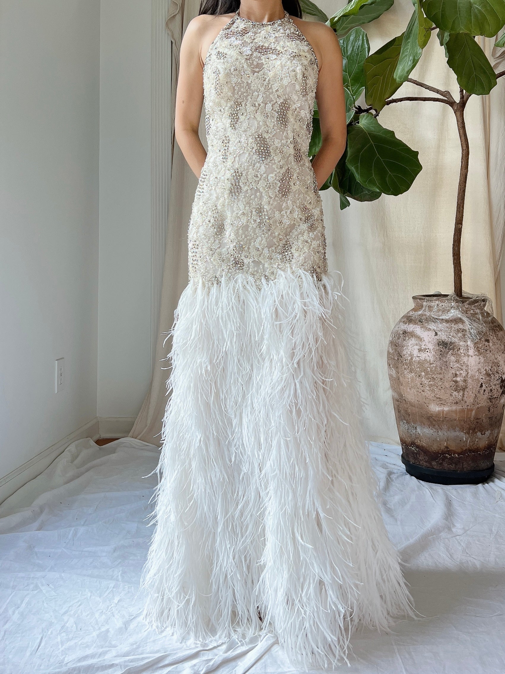 1990s Crystal Lace and Feather Gown - XS