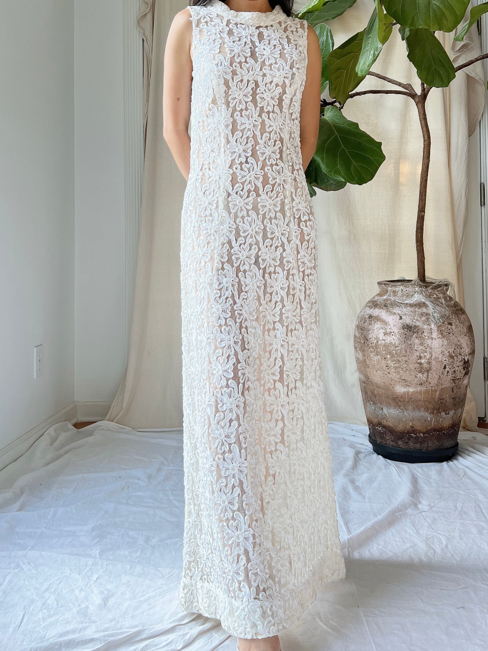1960s Sheer Soutache Floral Dress - M