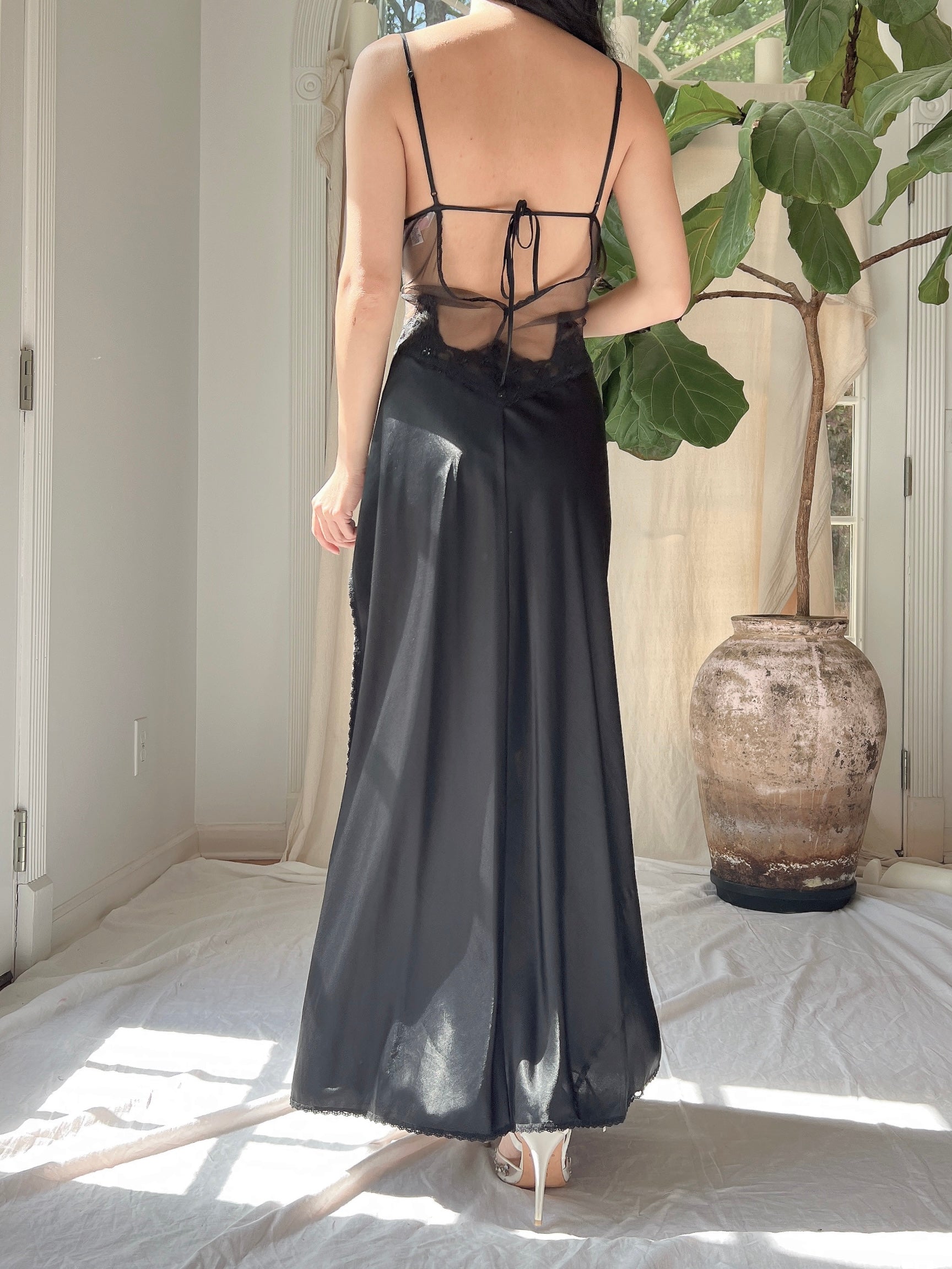 Vintage Black Satin Slip Dress - M