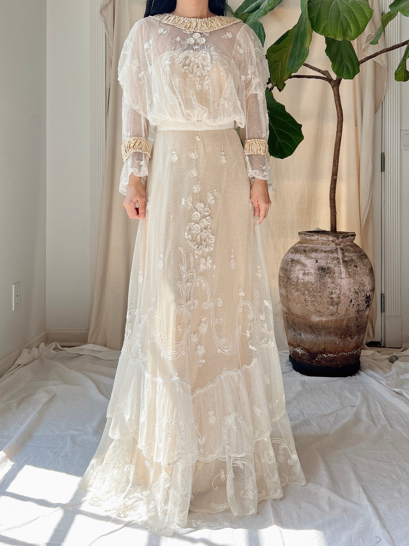 Antique Tambour Cotton Lace Gown - XS