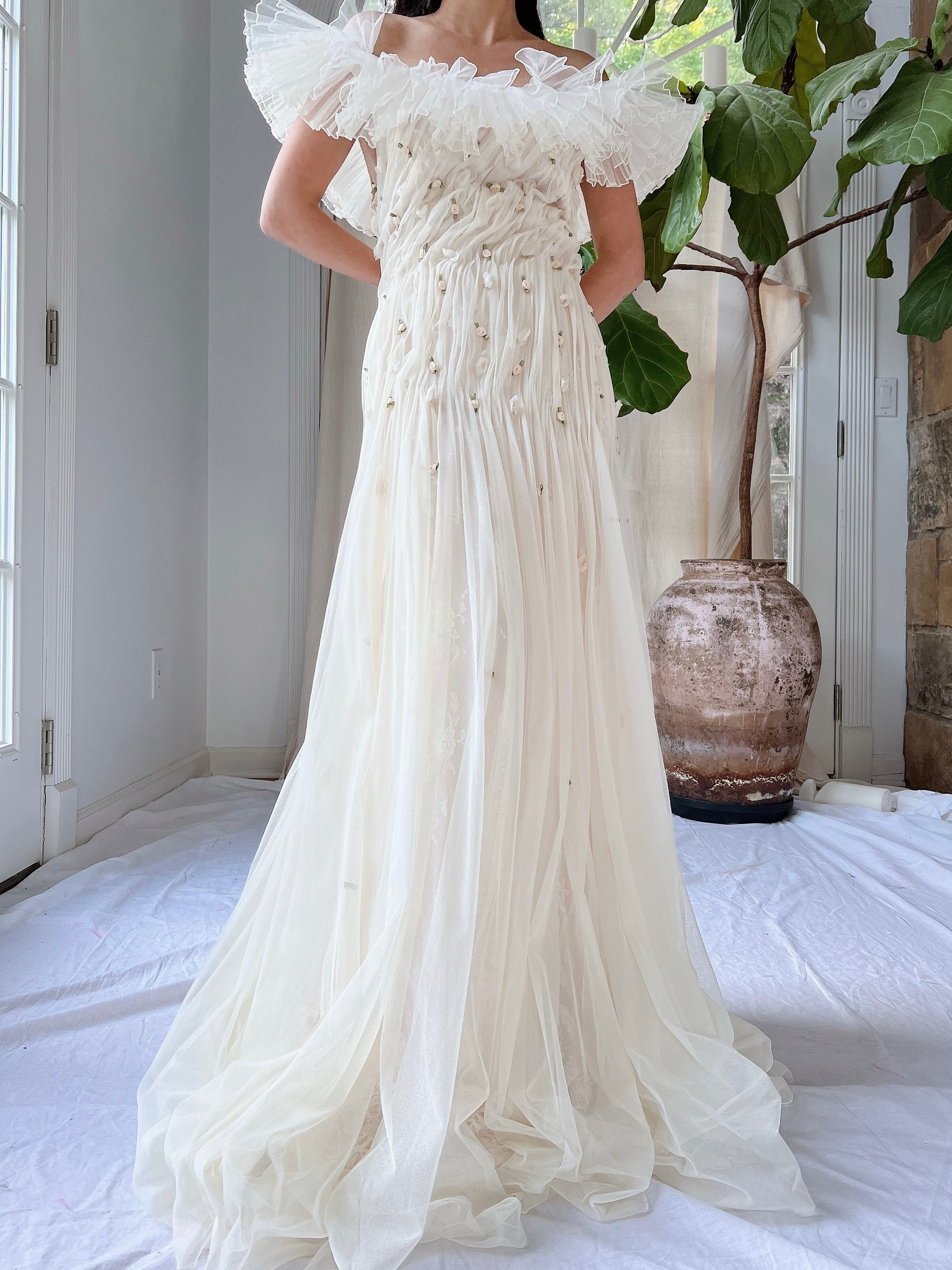 Vintage Italian Ruffles Silk Tulle Draped Dress - M/L
