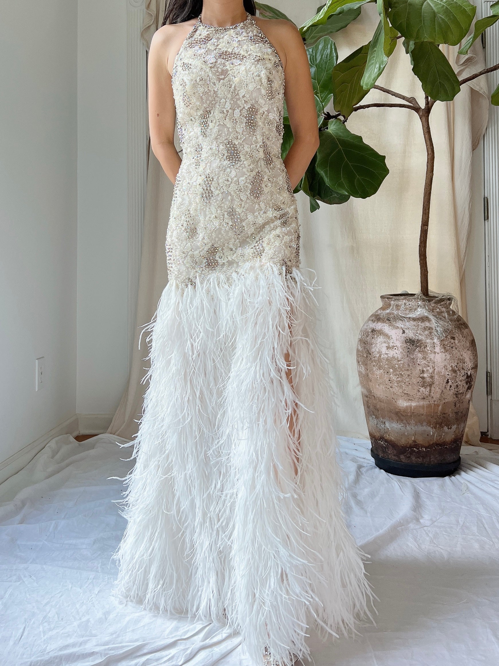 1990s Crystal Lace and Feather Gown - XS