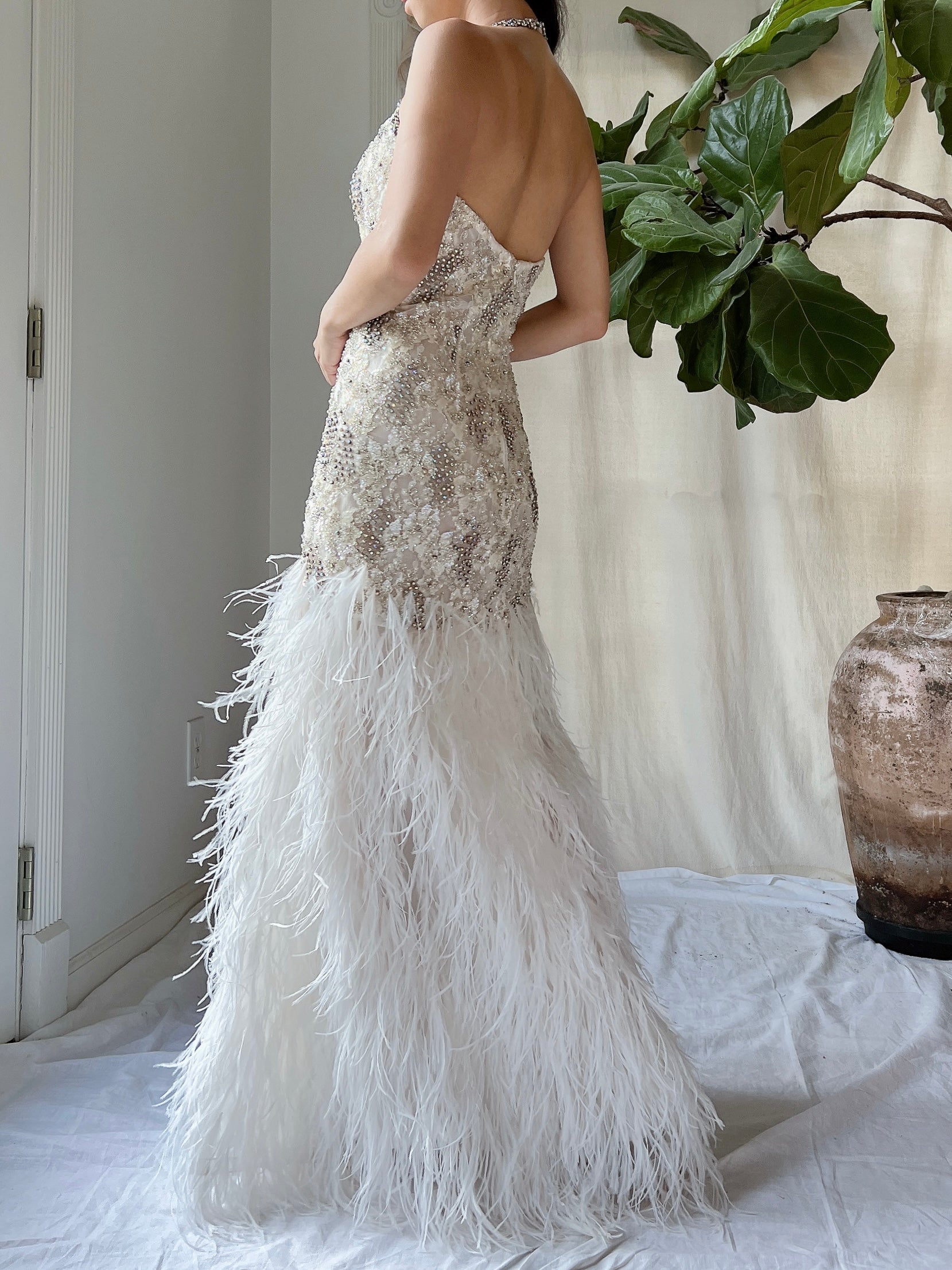 1990s Crystal Lace and Feather Gown - XS