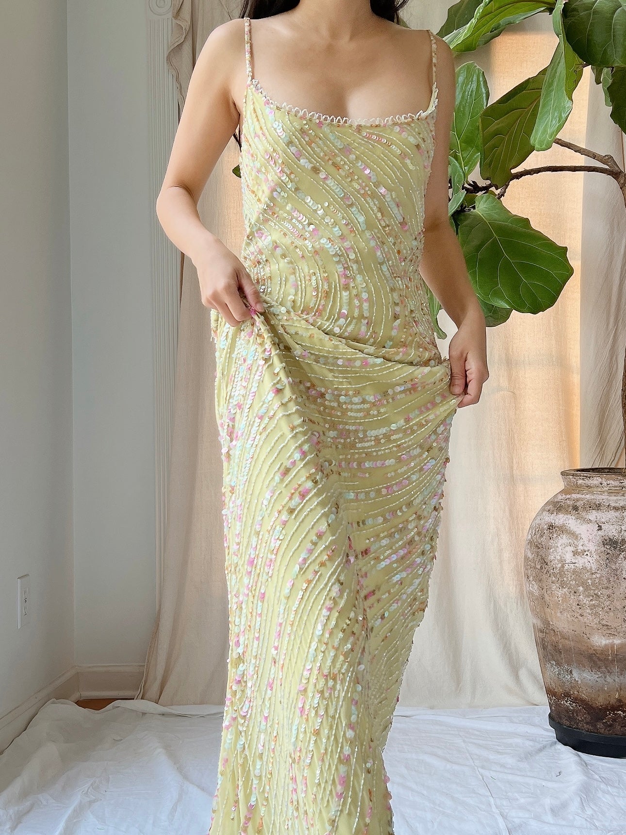 Vintage Chartreuse Silk Beaded Gown - M/L