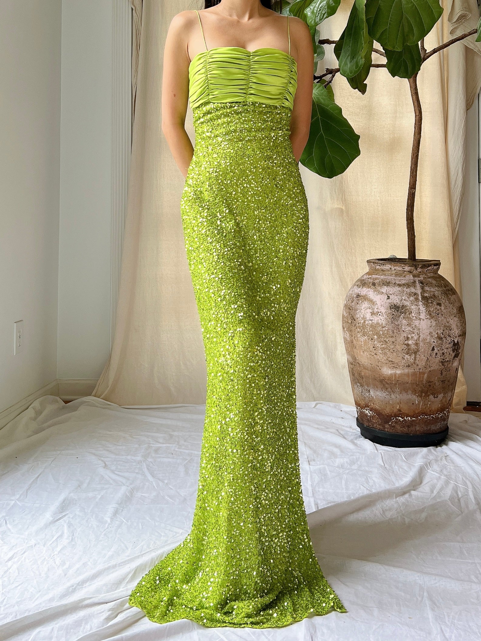 1990s Lime Green Sequins Gown - XS