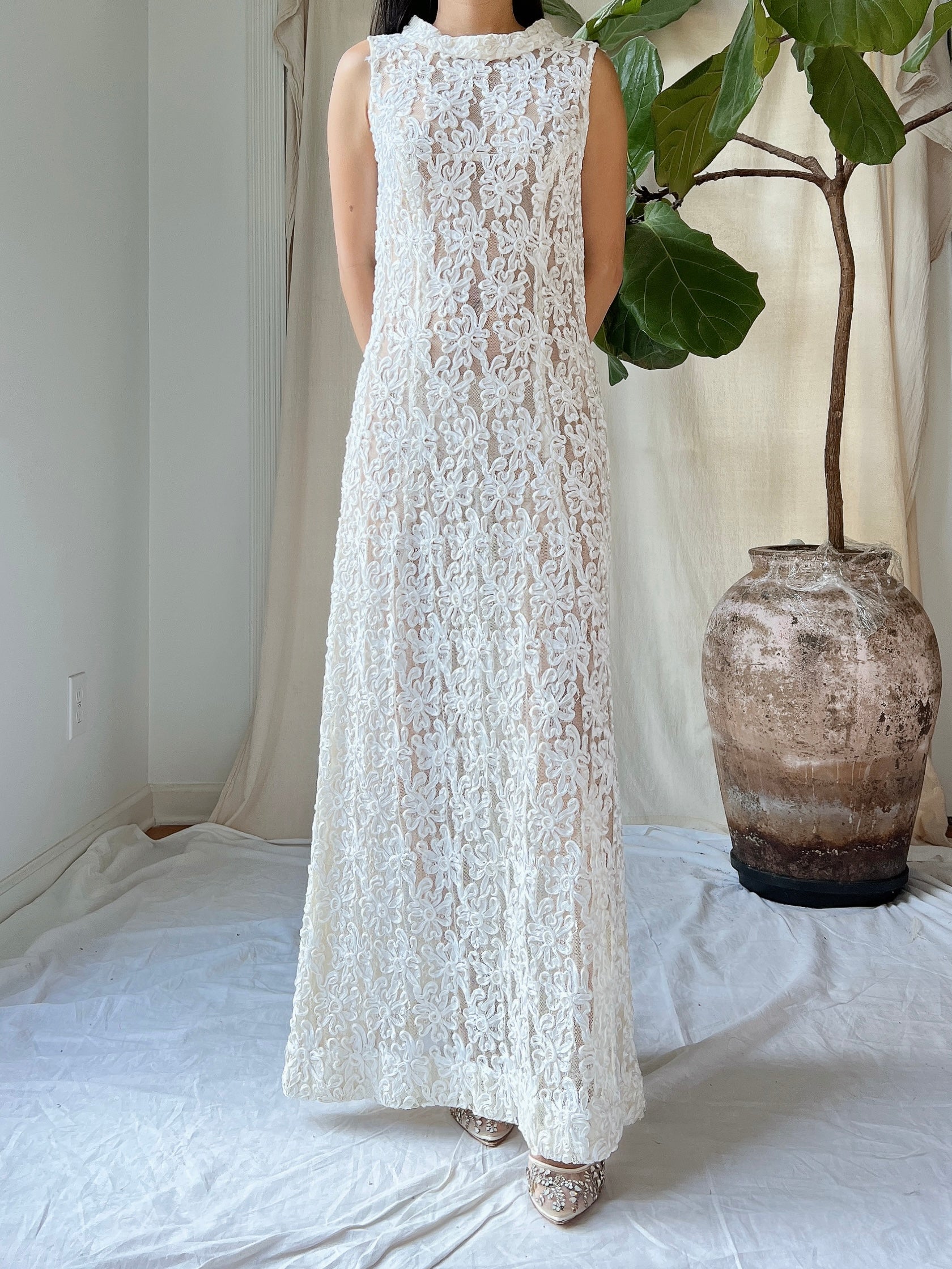 1960s Sheer Soutache Floral Dress - M