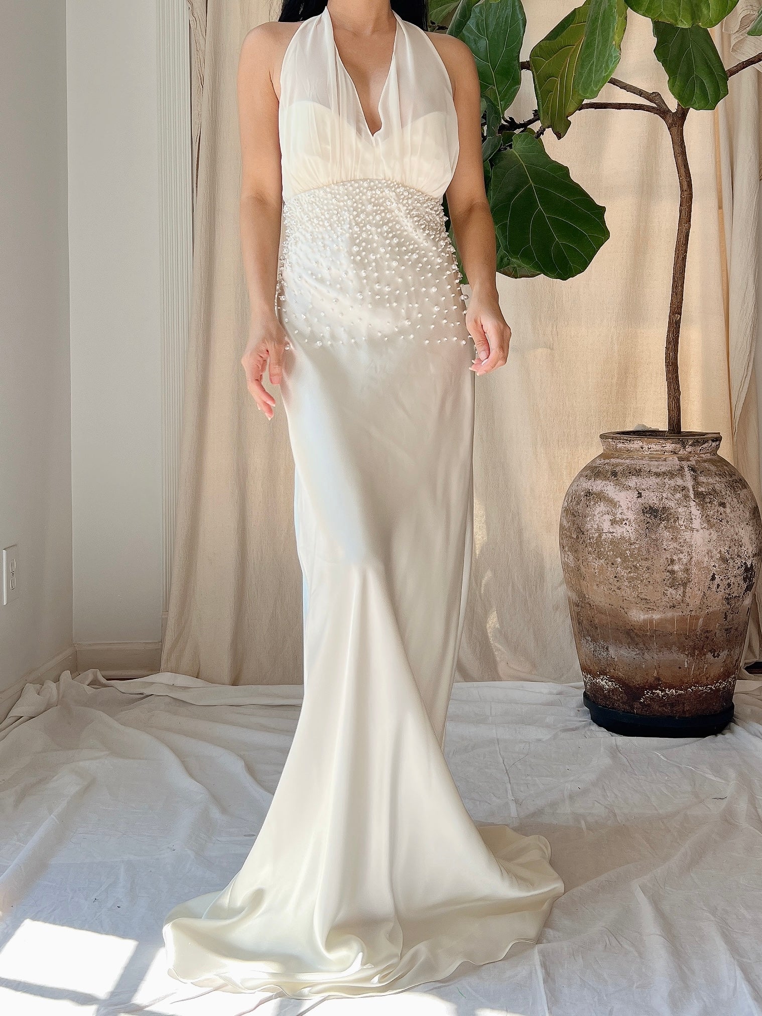 Vintage Pearl Beaded Satin Dress - M/8