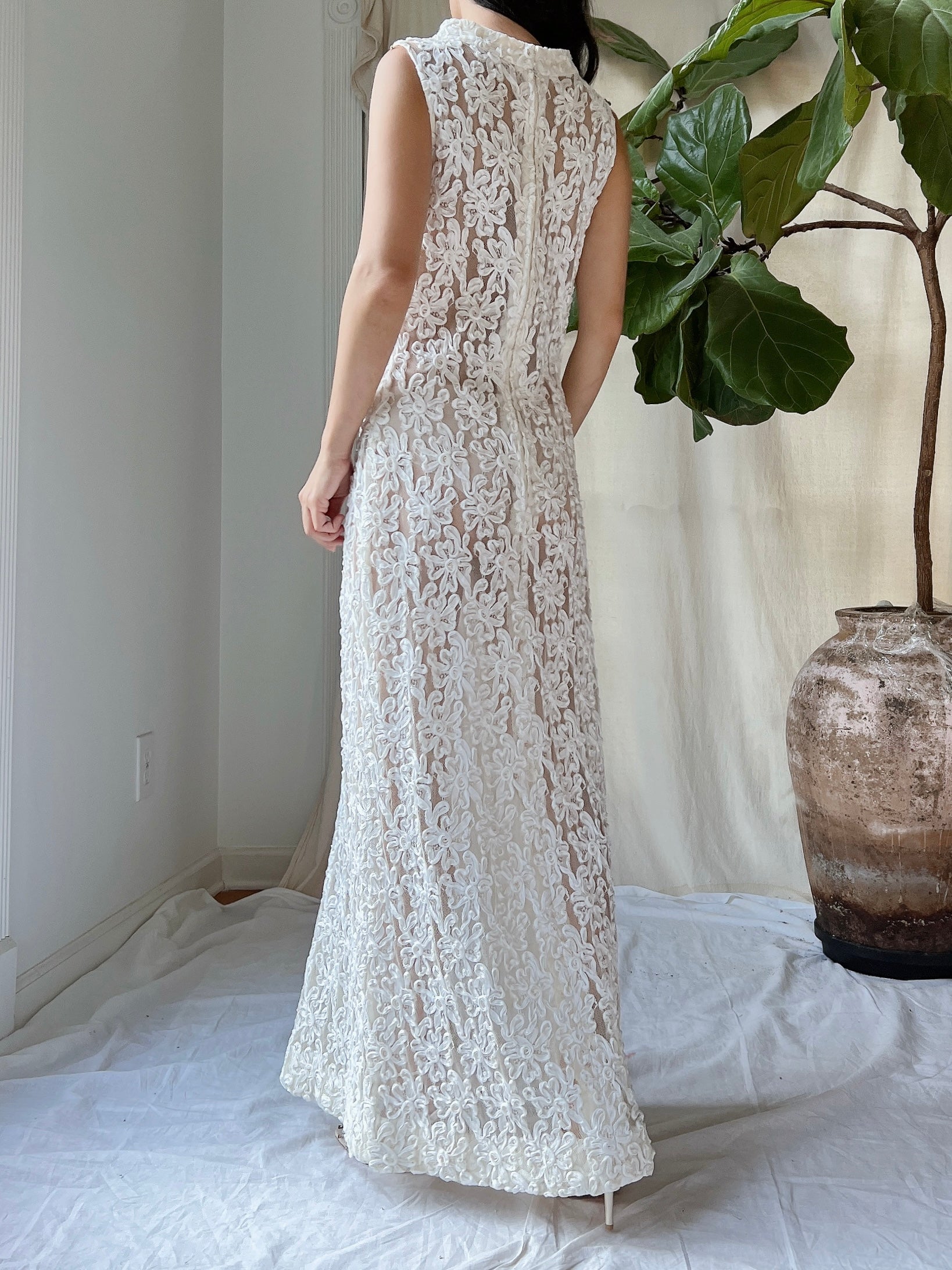 1960s Sheer Soutache Floral Dress - M