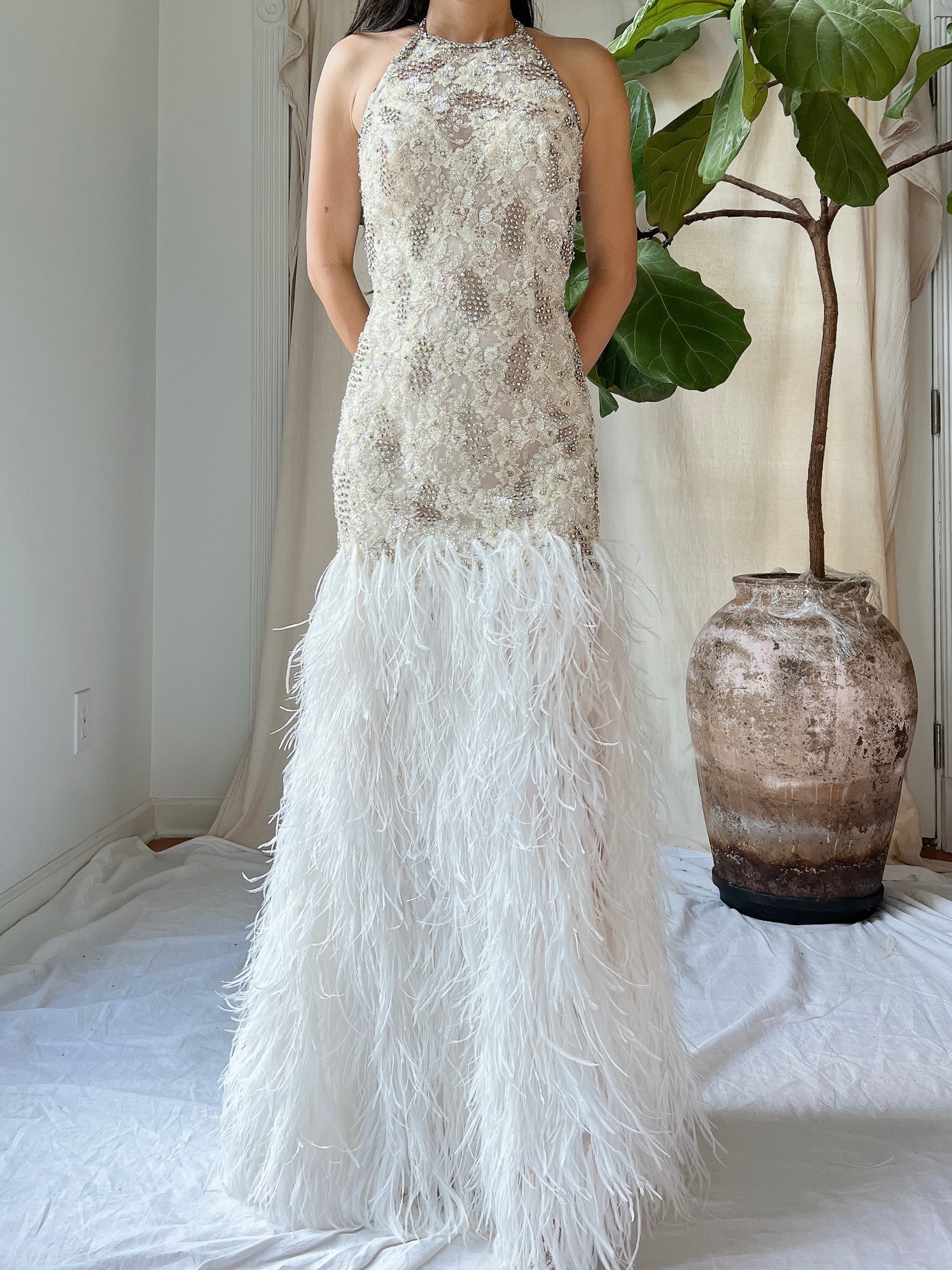 1990s Crystal Lace and Feather Gown - XS