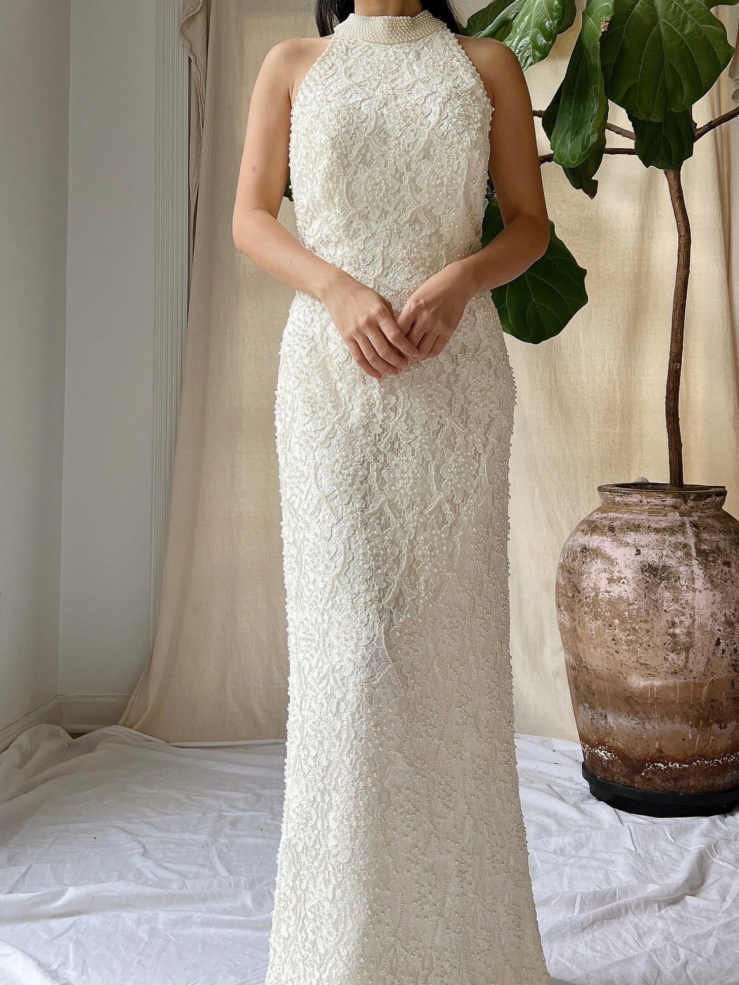 1990s High Neck Lace Gown - M/L