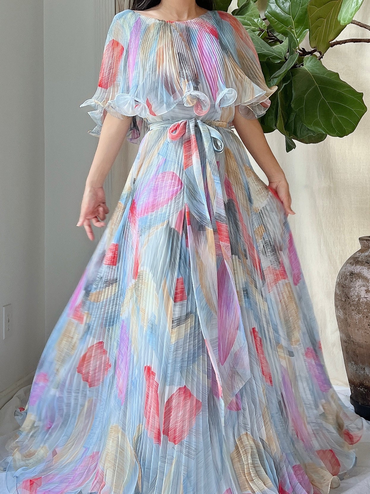 Vintage Pleated Abstract Dress - M