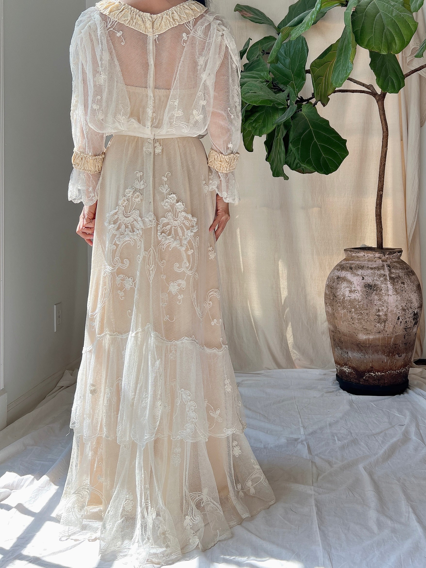 Antique Tambour Cotton Lace Gown - XS