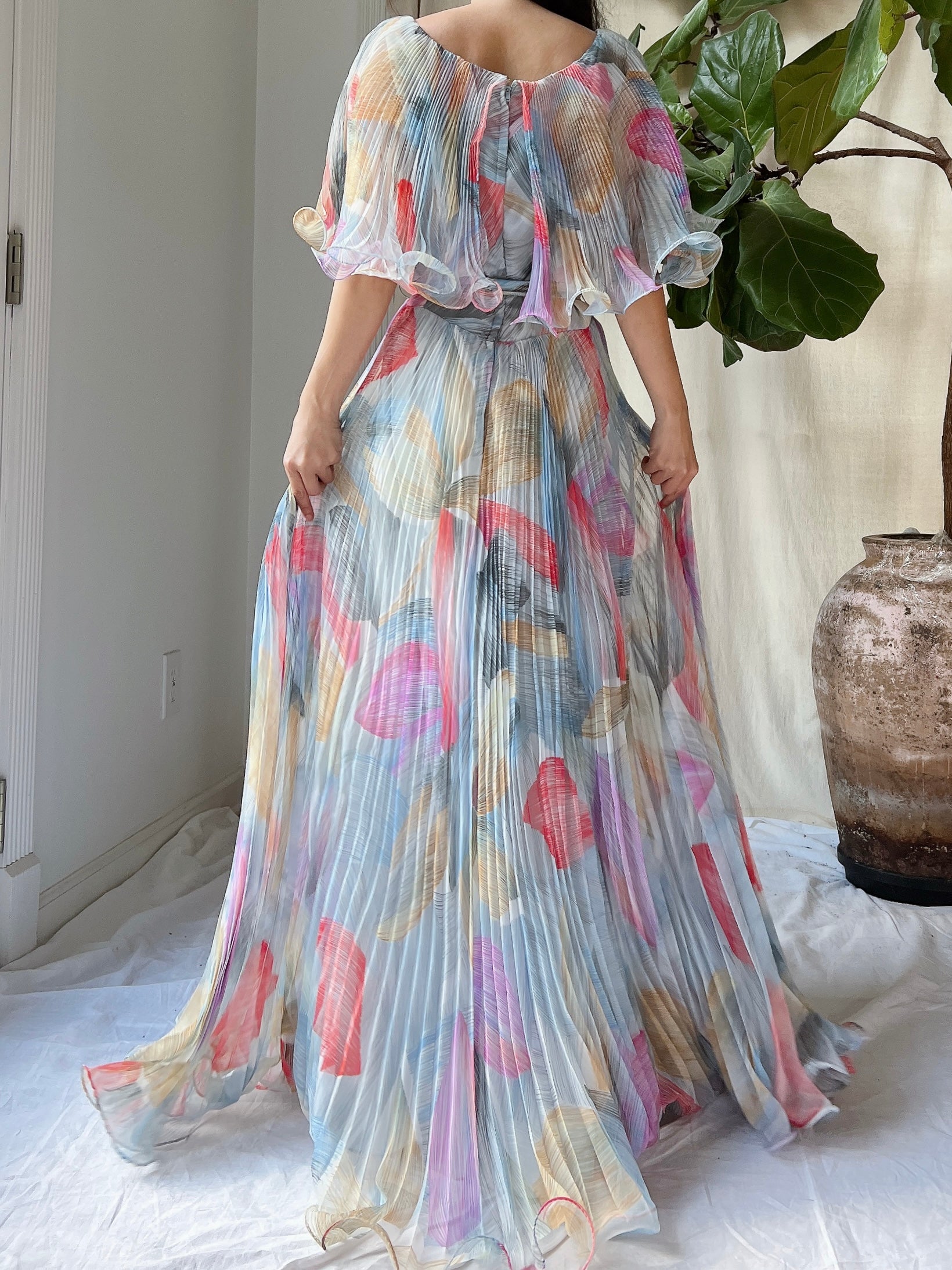 Vintage Pleated Abstract Dress - M