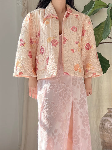 1930s Floral Satin Quilted Jacket - S/M
