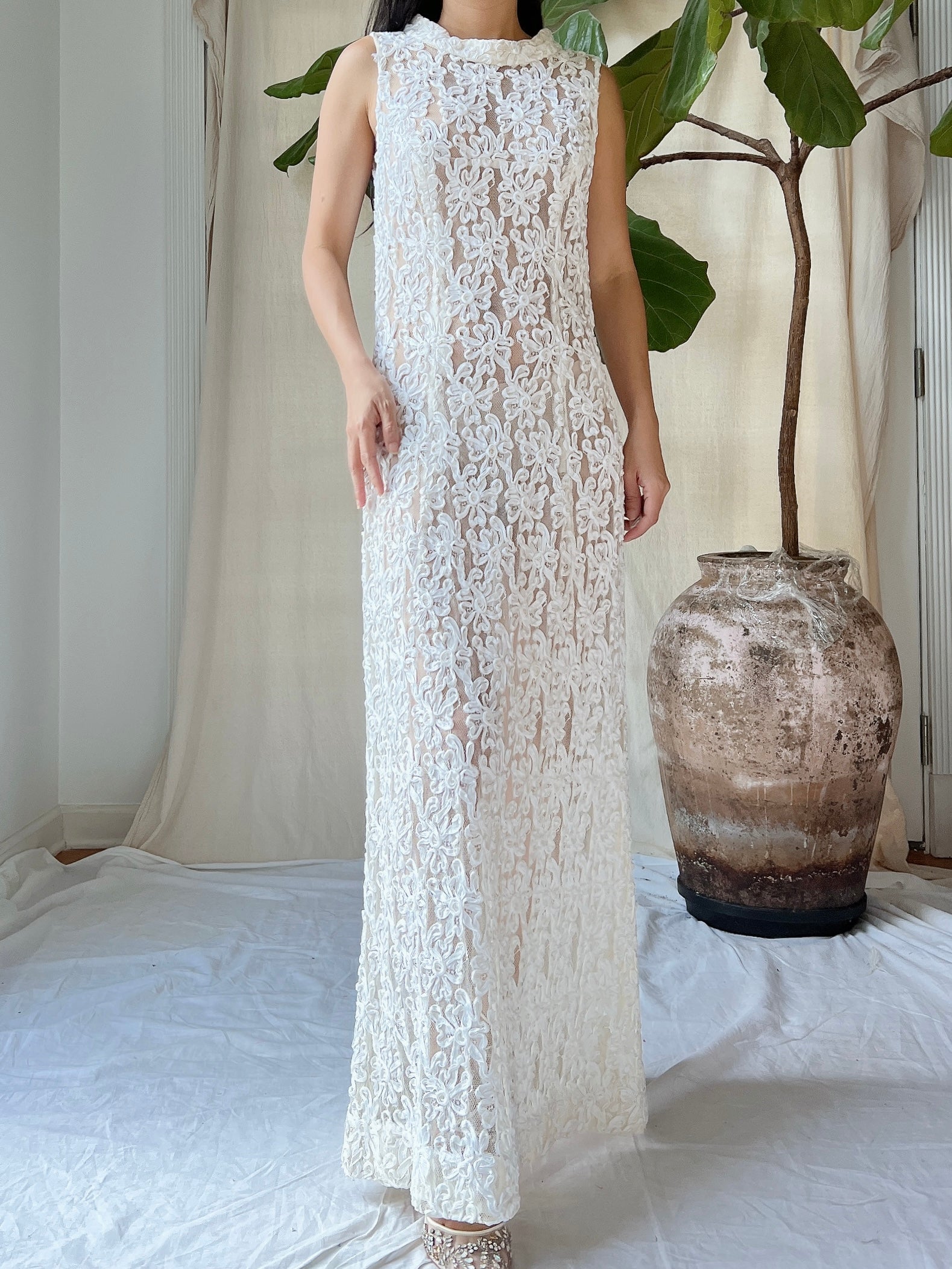 1960s Sheer Soutache Floral Dress - M