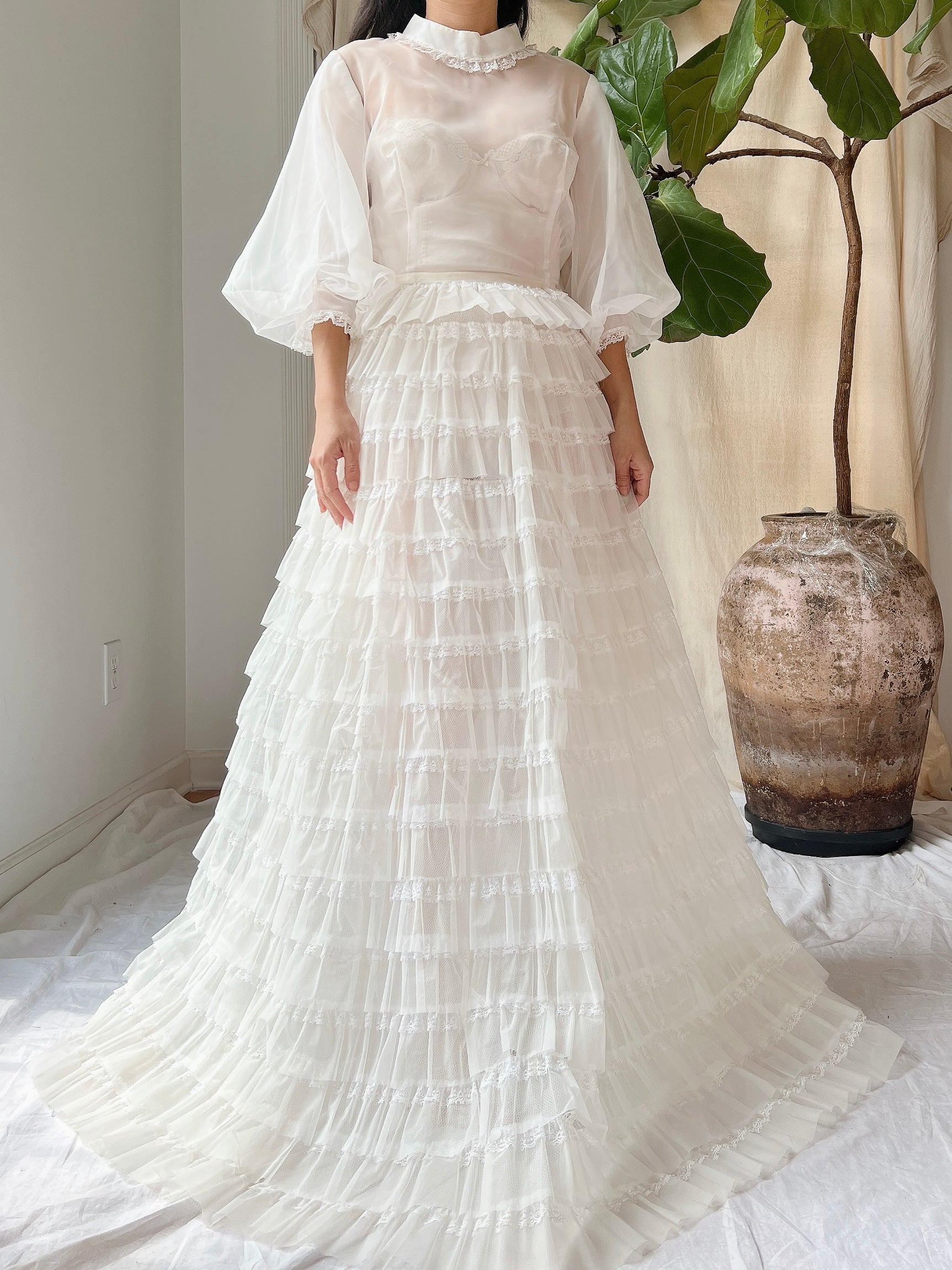 1960s Sheer Puff Sleeves Tiered Gown - S