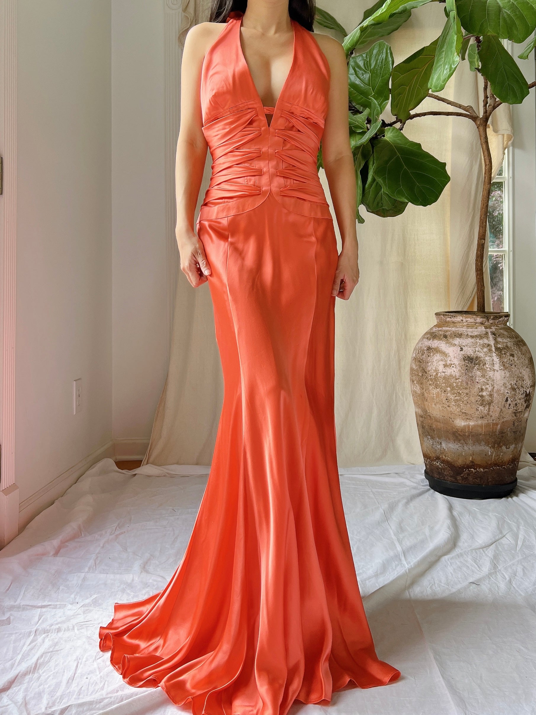 Vintage Silk Coral Plunge Gown - M