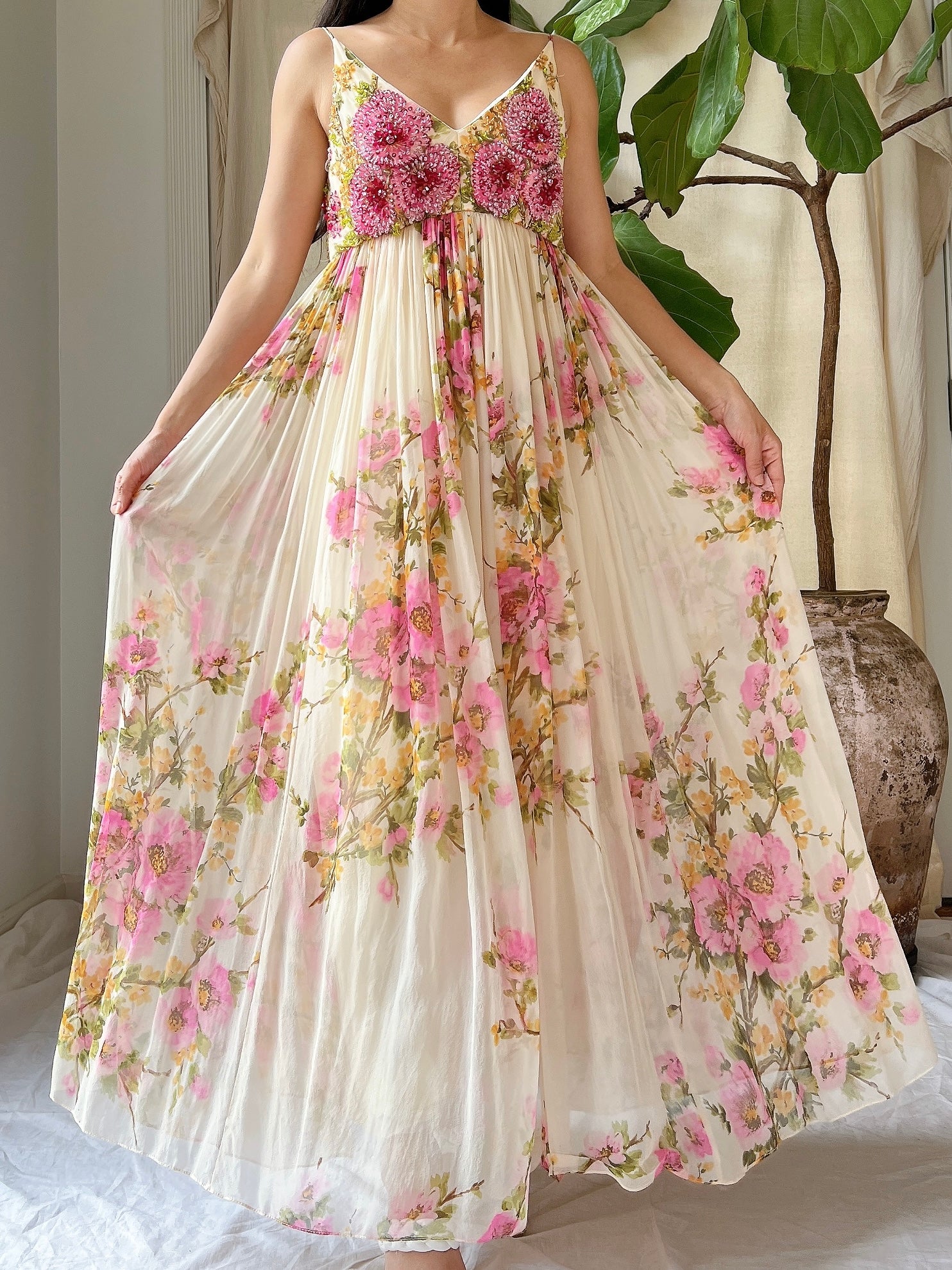 1960s Silk Floral Gown - S/M