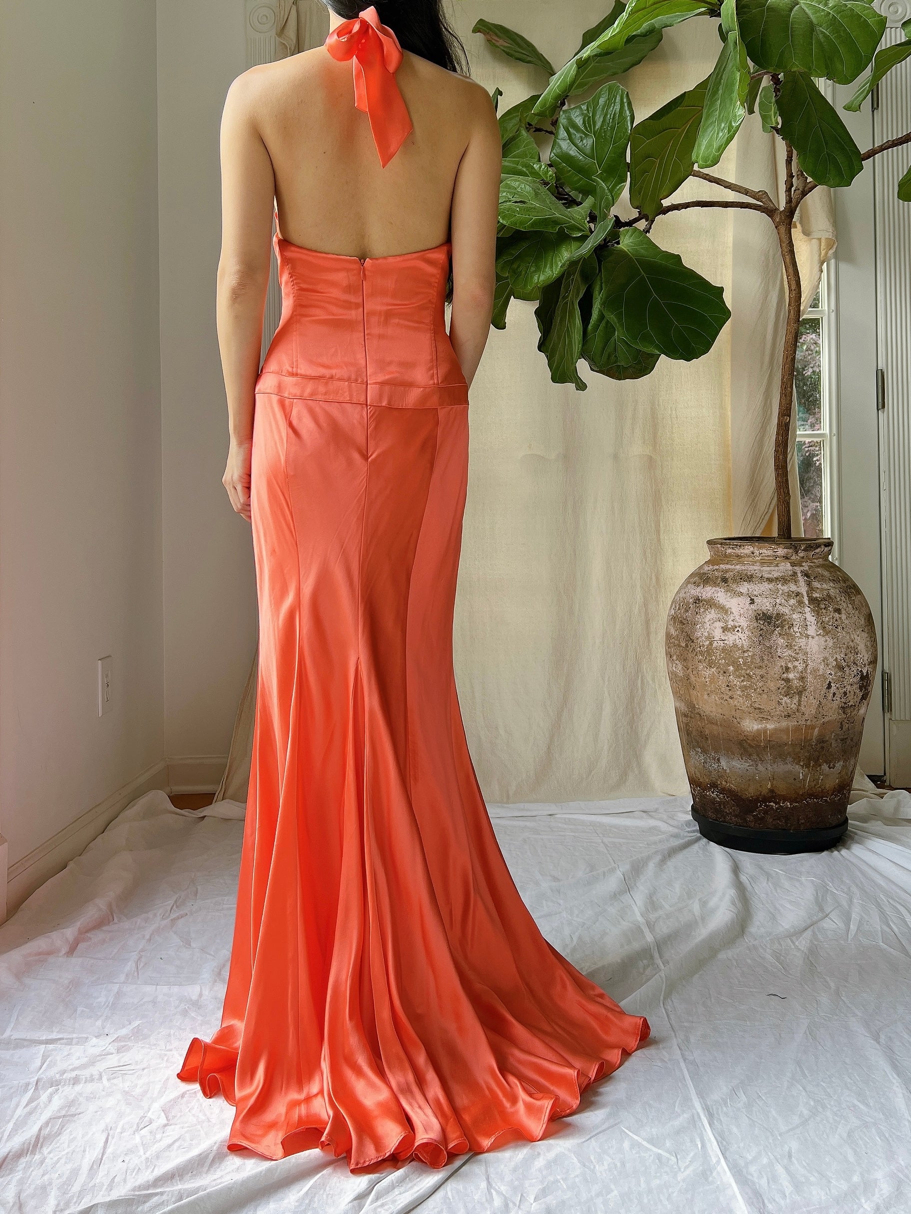 Vintage Silk Coral Plunge Gown - M