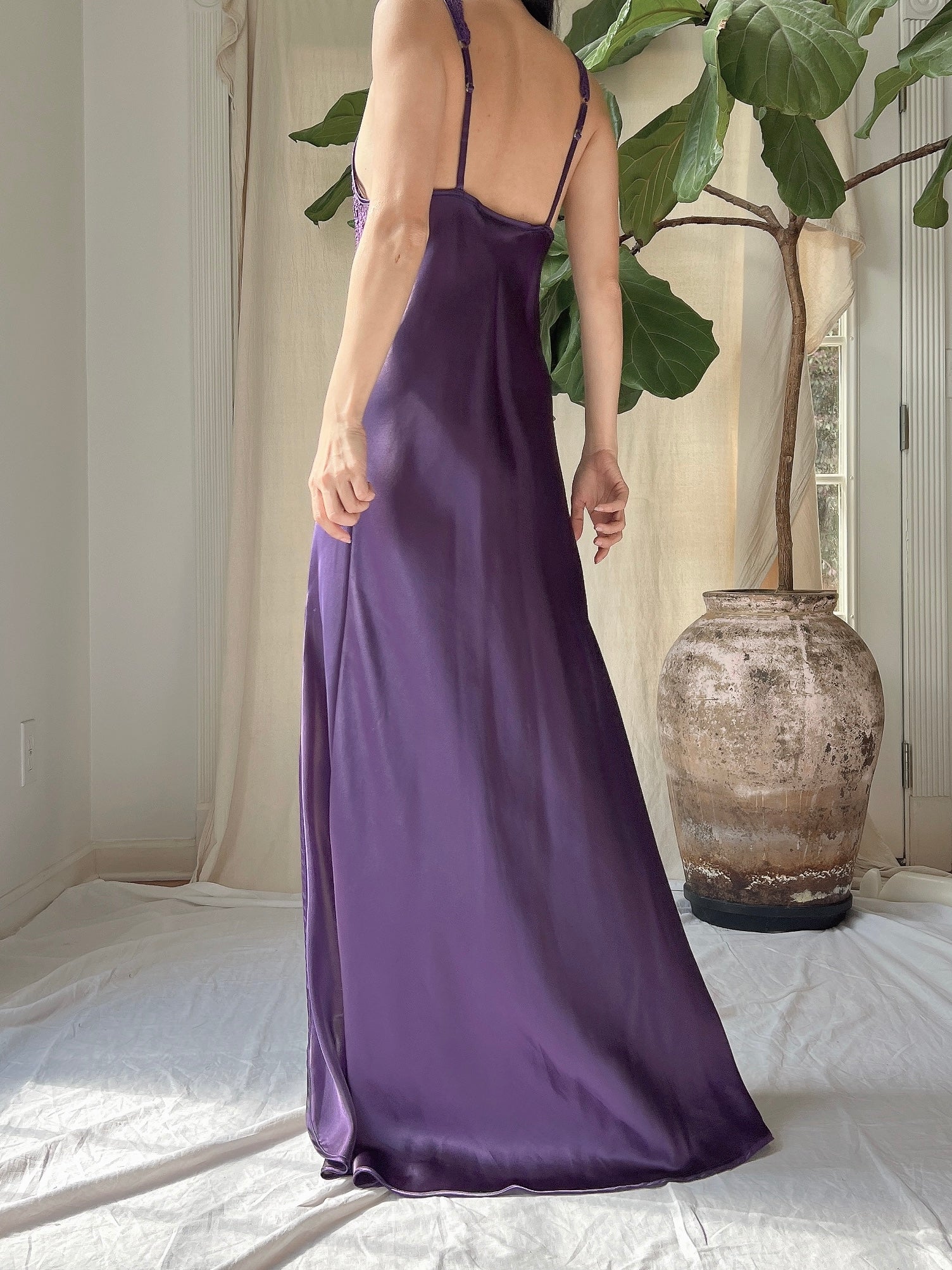 Vintage Purple Satin Side Split Slip Dress - M