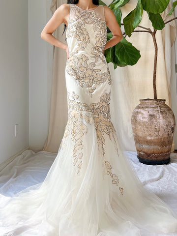 Y2K Silk Beaded Embroidered Gown - M