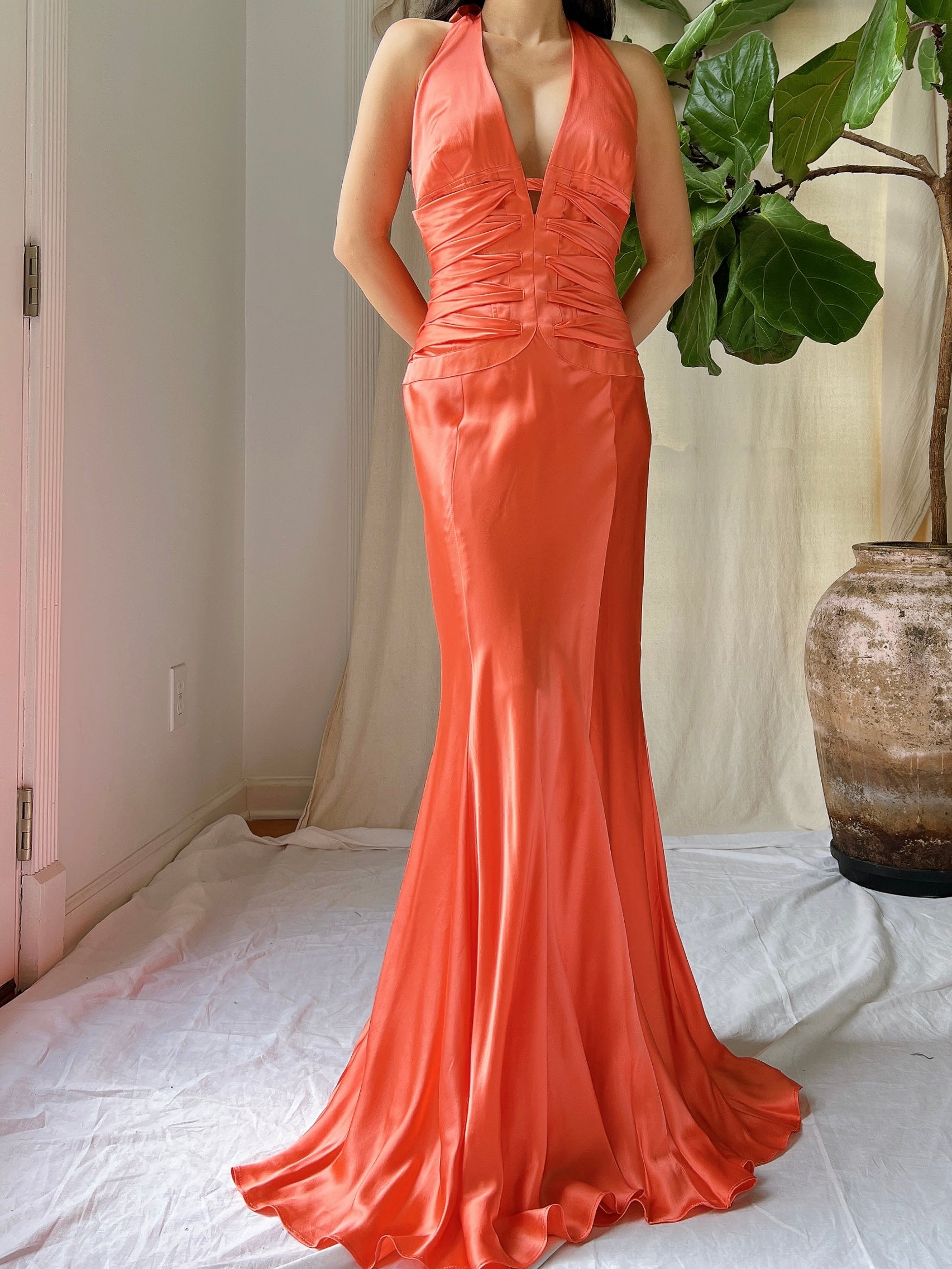 Vintage Silk Coral Plunge Gown - M