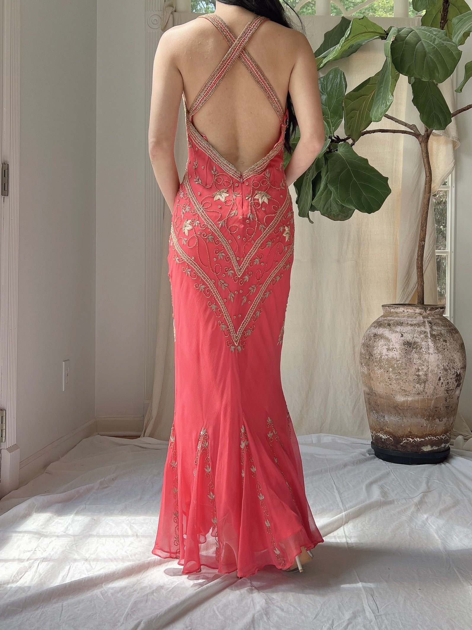 Vintage Coral Red Silk Bias Cut Dress - XS