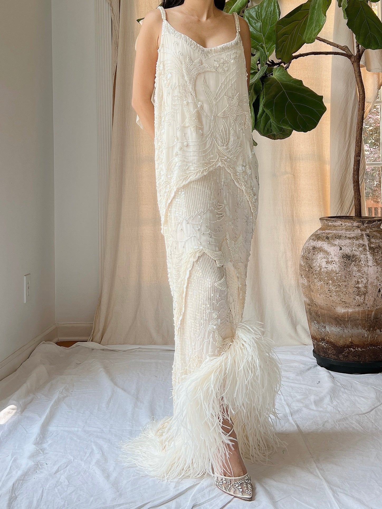 Vintage Silk Pearl Beaded Gown - M/L