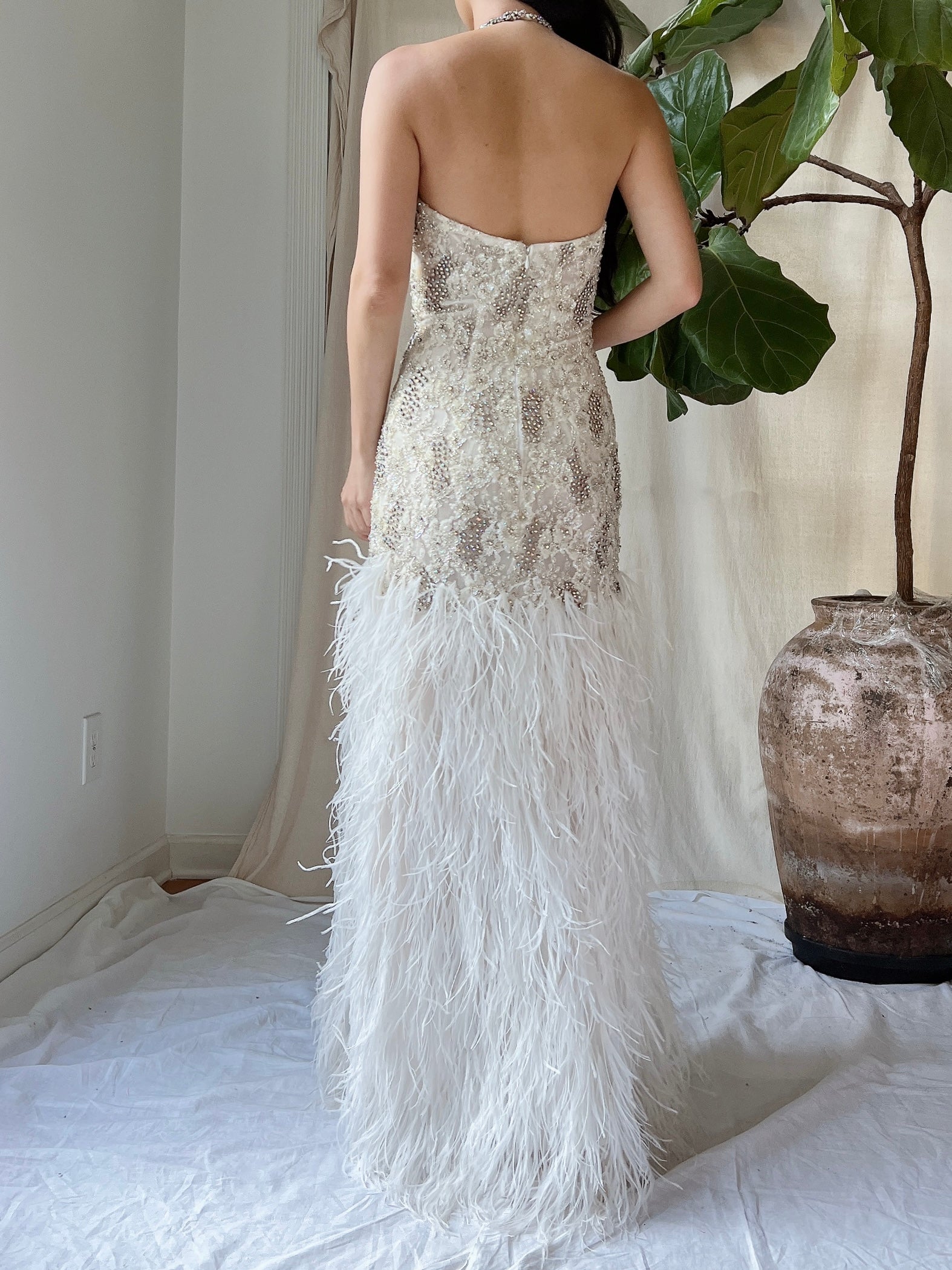 1990s Crystal Lace and Feather Gown - XS