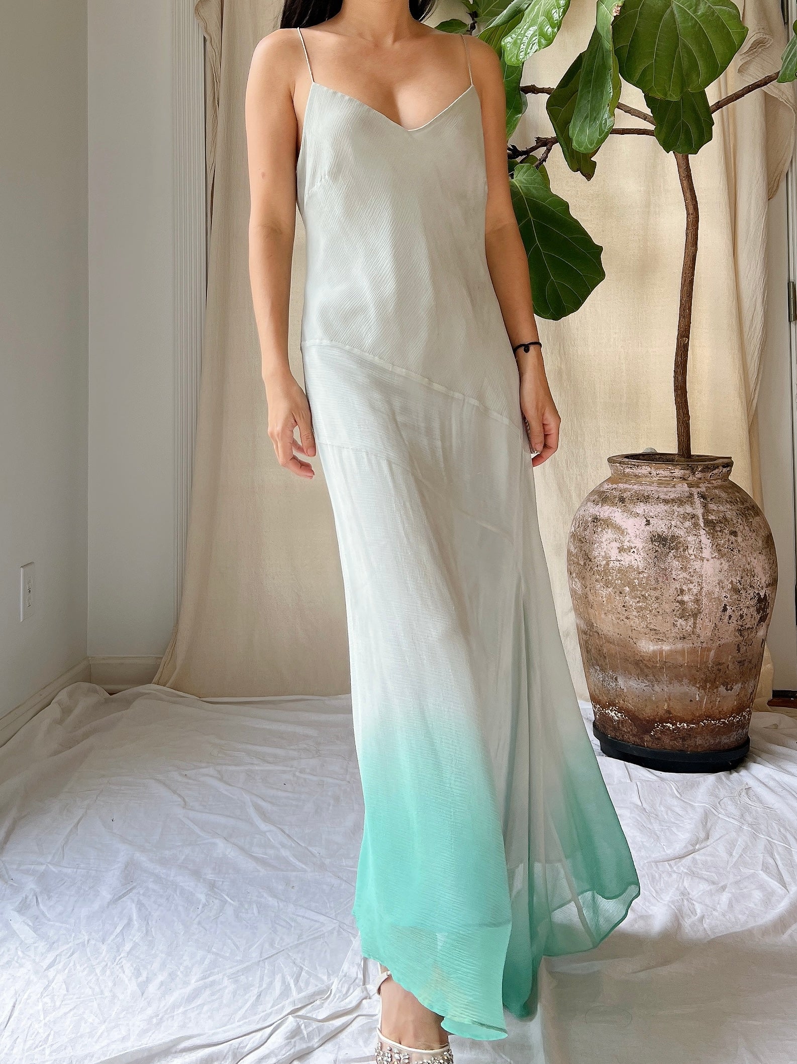 Vintage Light Blue Ombre Silk Chiffon Bias Cut Dress - M/L