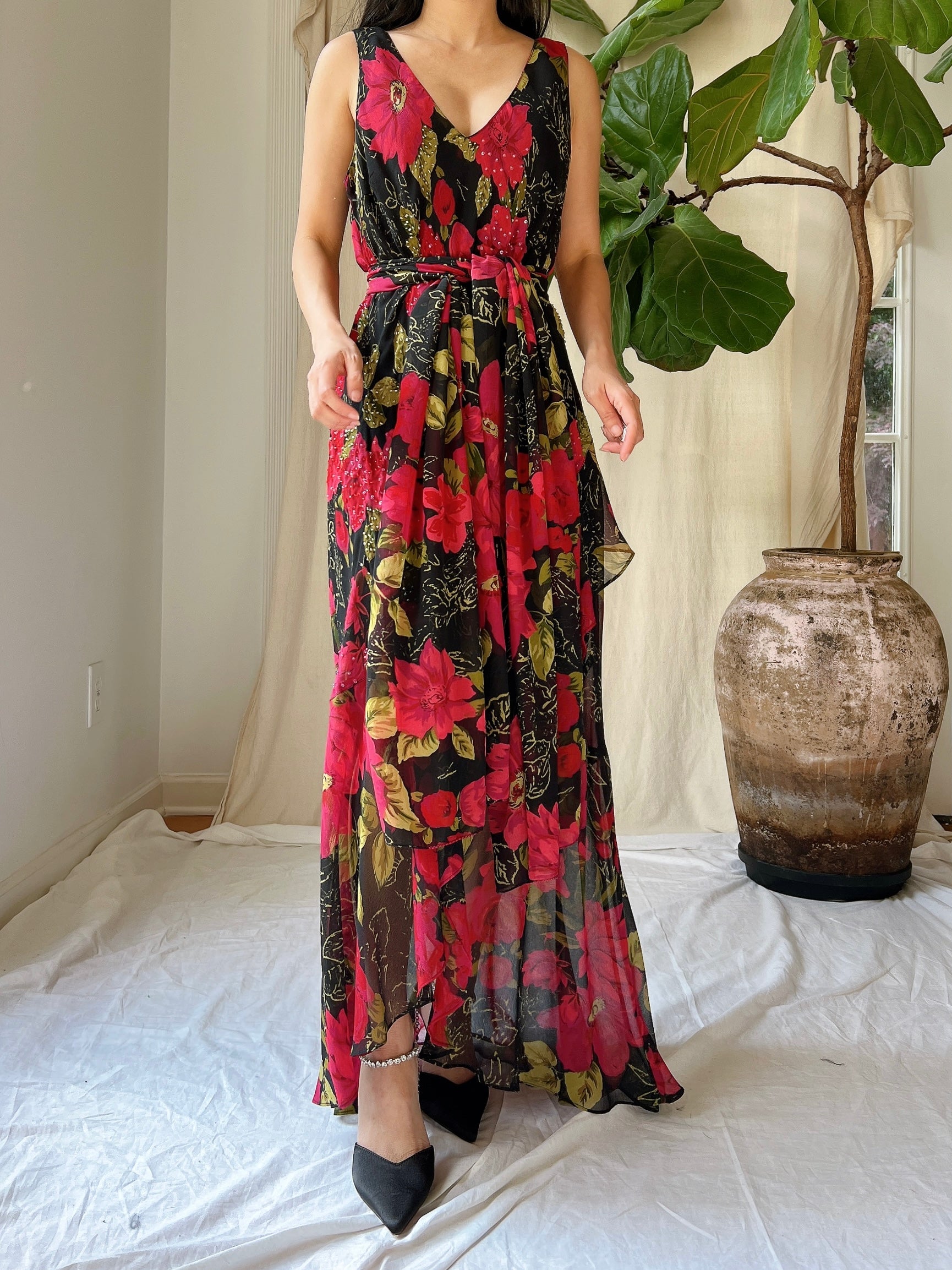 1980s Silk Chiffon Floral Dress - M
