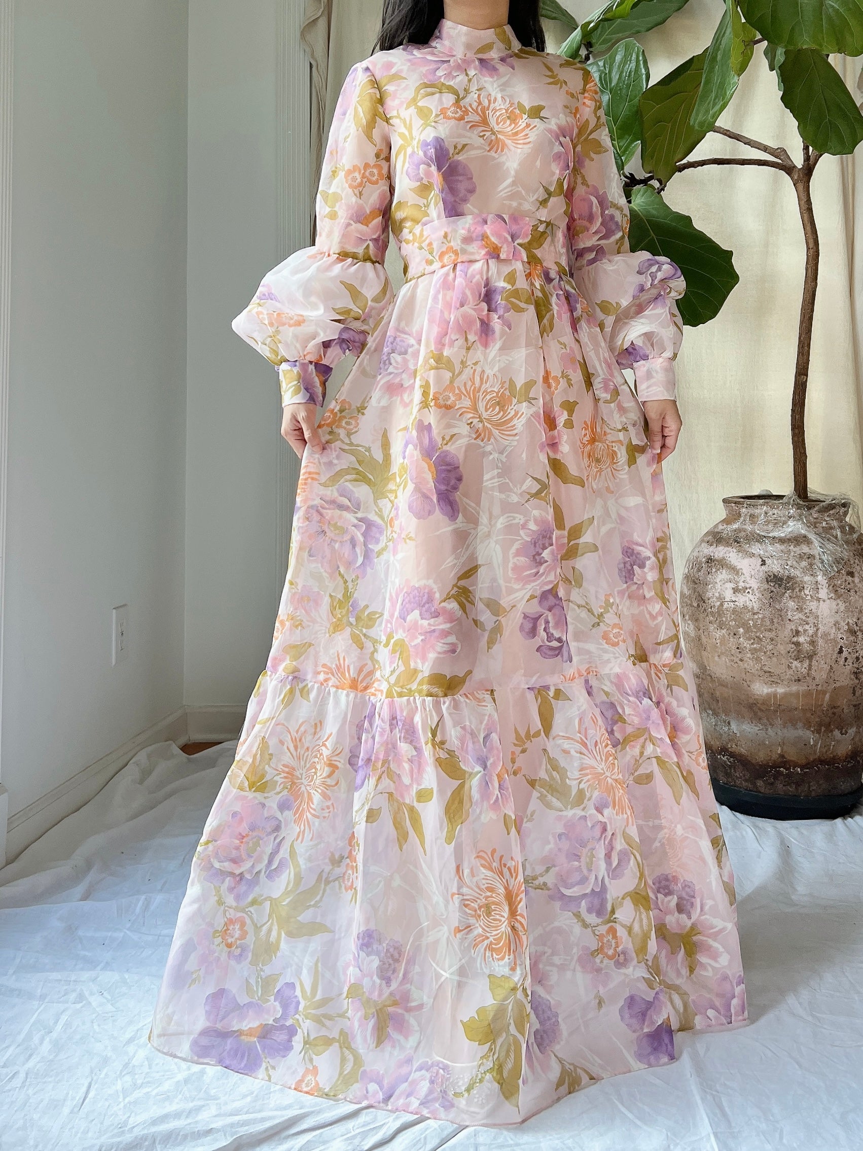 Vintage Juliet Sleeves Sheer Floral Voile Gown - S/M