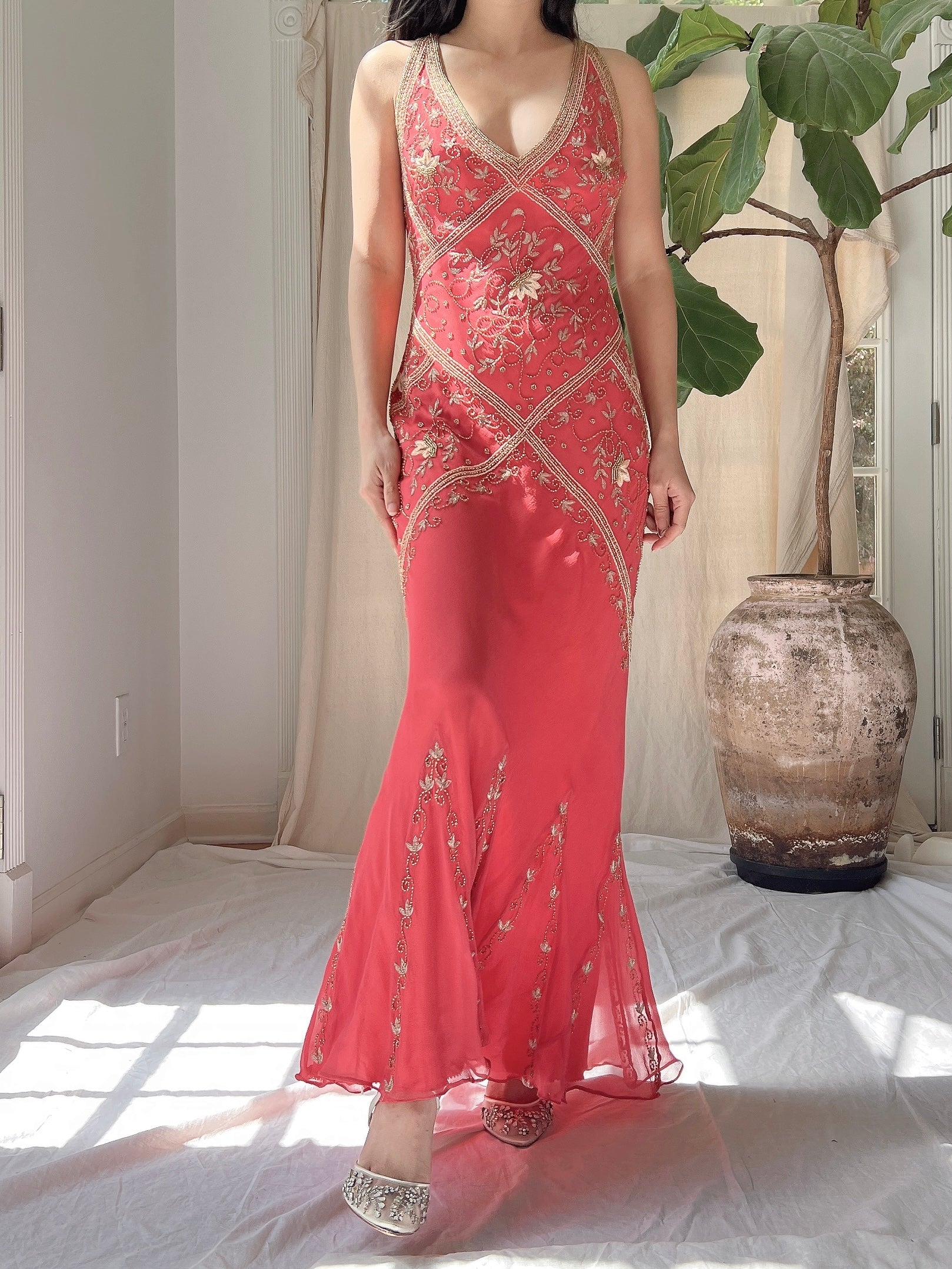 Vintage Coral Red Silk Bias Cut Dress - XS