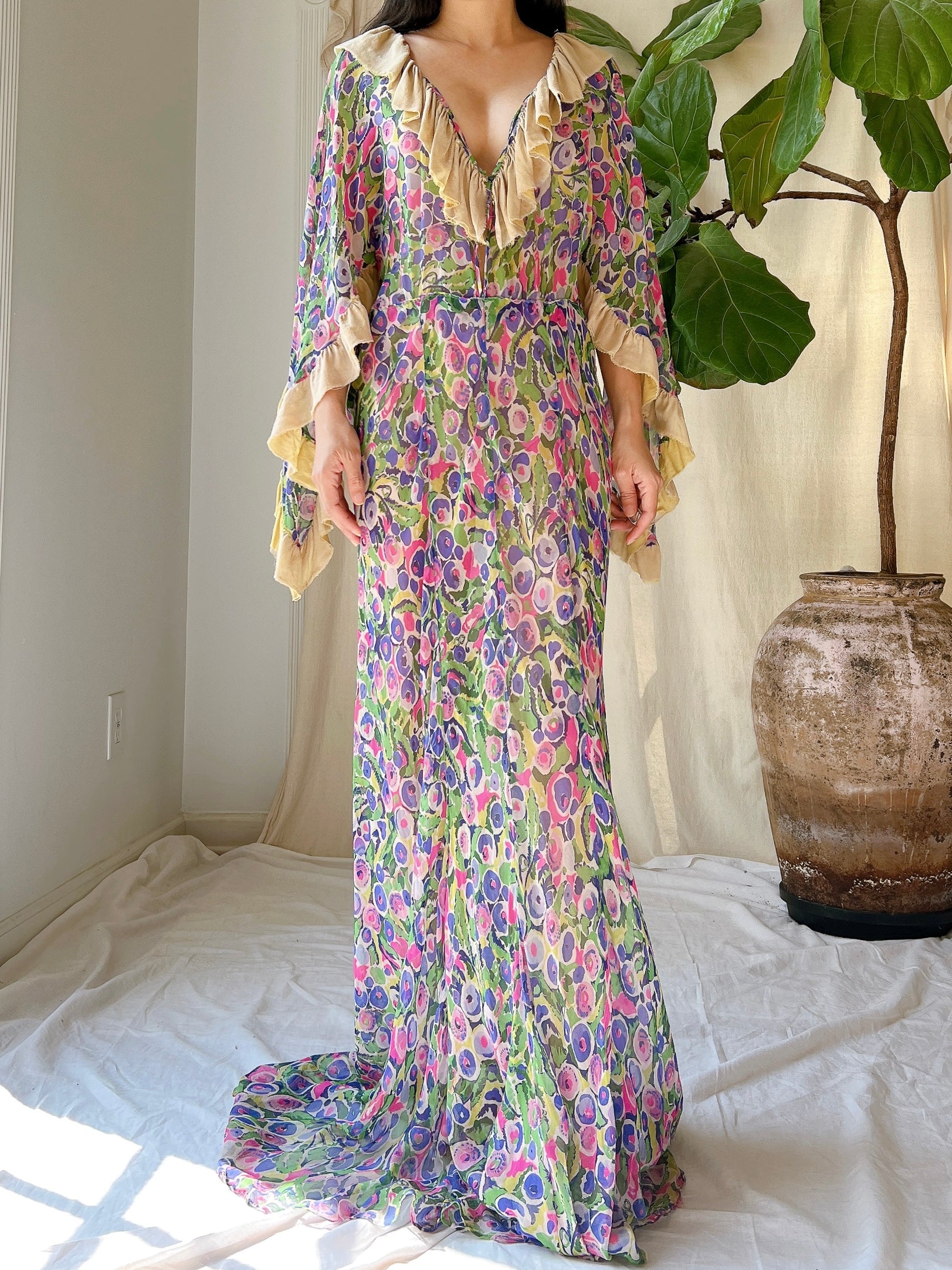 Rare 1930s Silk Chiffon Cape Sleeves Gown - S/M
