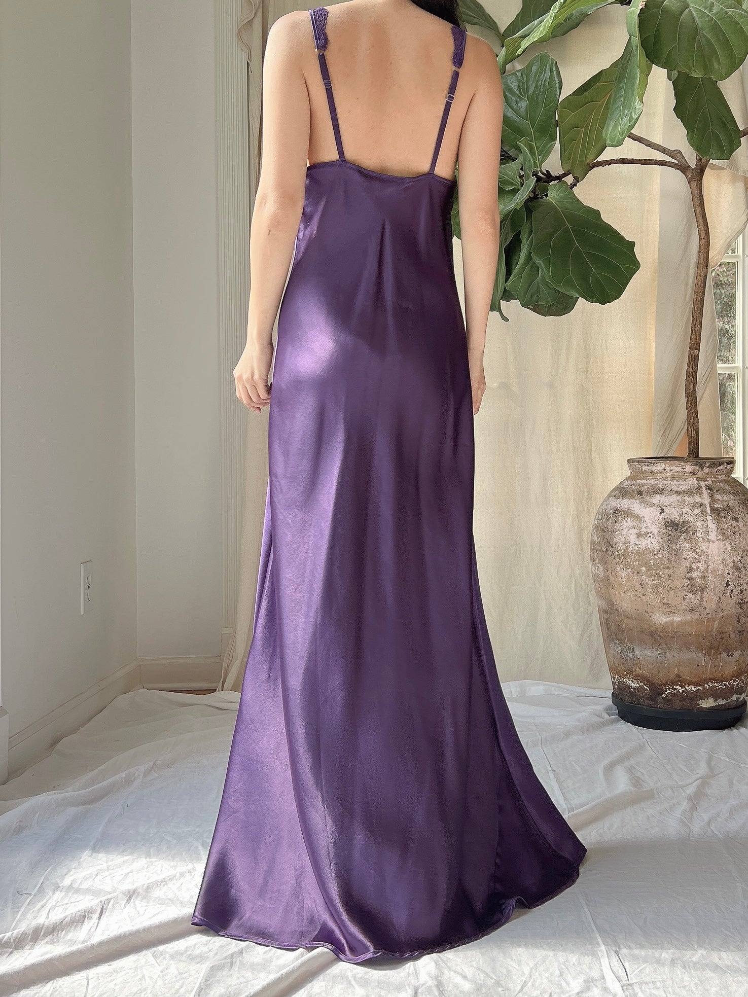 Vintage Purple Satin Side Split Slip Dress - M