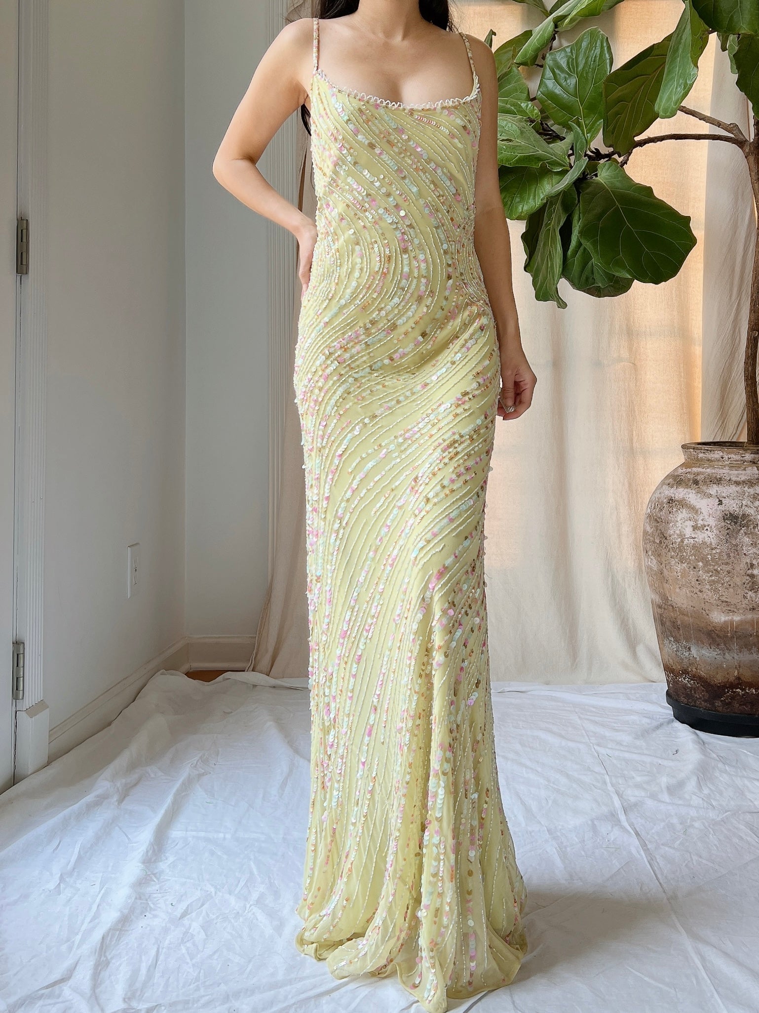 Vintage Chartreuse Silk Beaded Gown - M/L