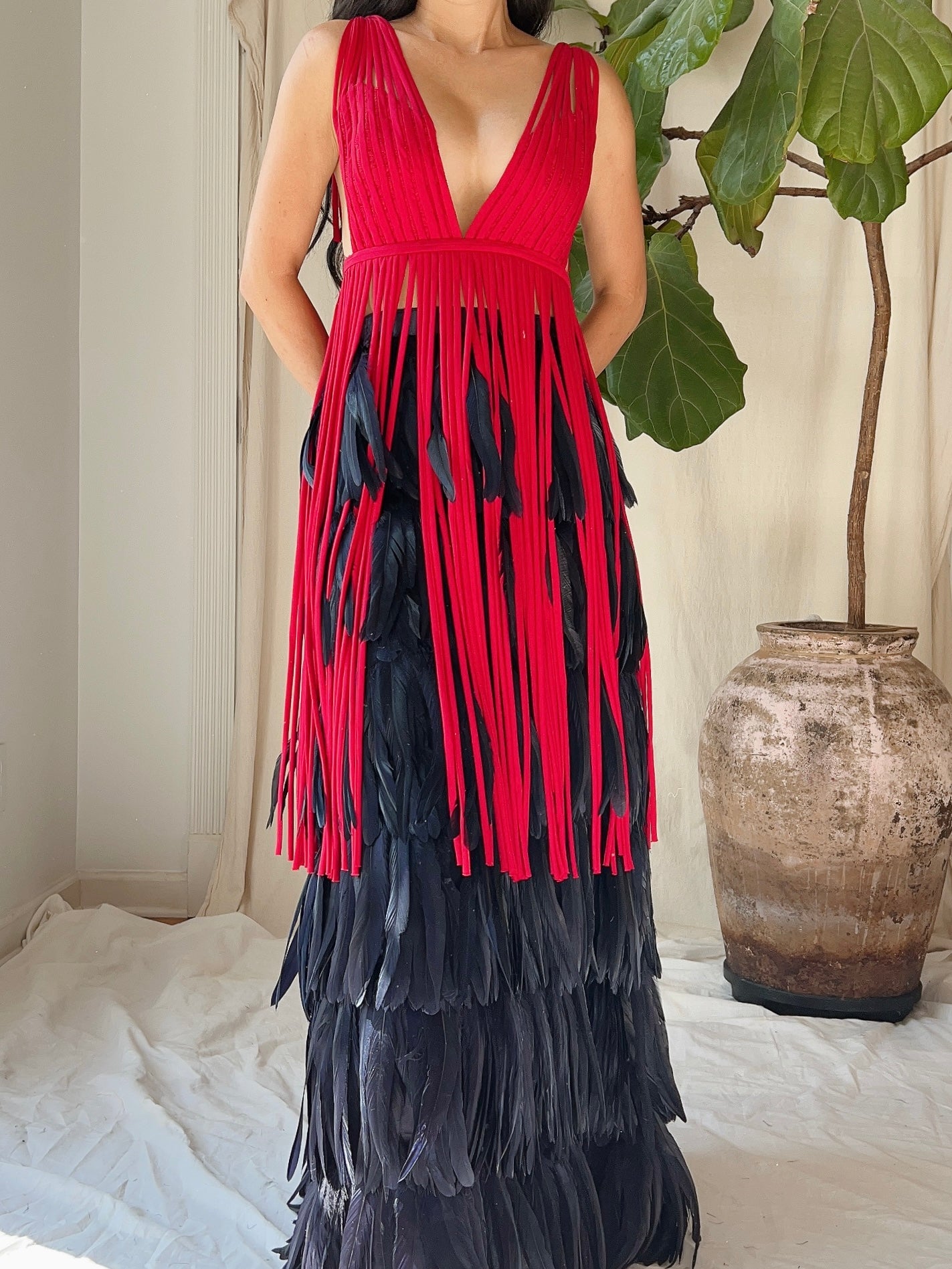 Vintage Red Tassel Plunging Tunic - M